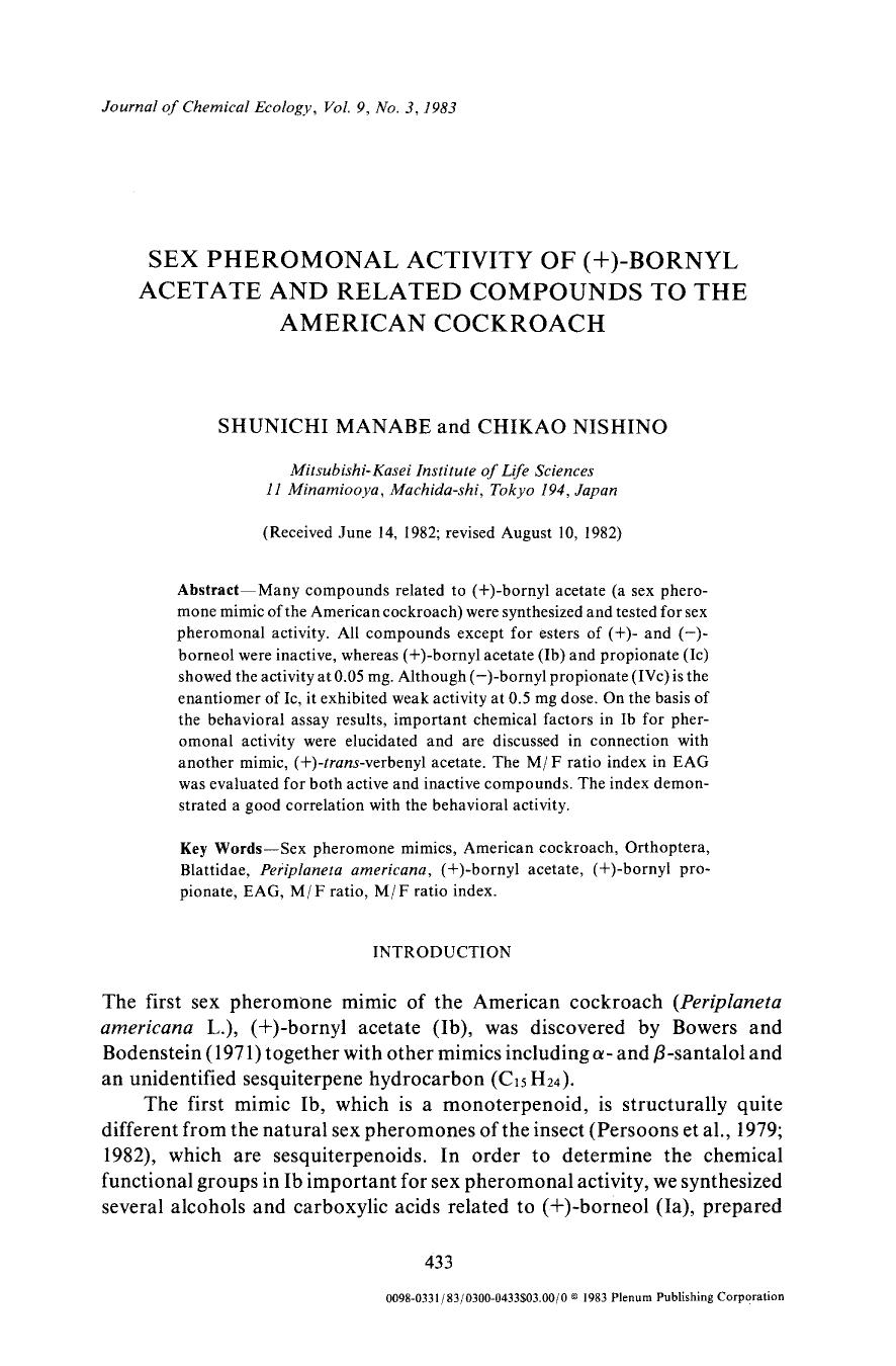 Sex pheromonal activity of (+)-bornyl acetate and related compounds to the American cockroach by Unknown
