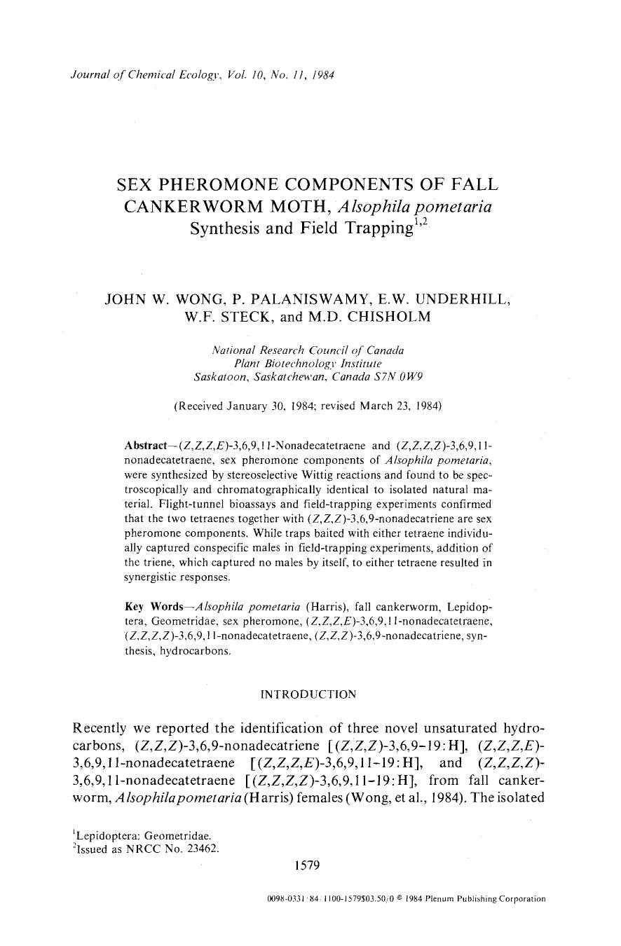 Sex pheromone components of fall cankerworm moth, <Emphasis Type="Italic">Alsophila pometaria <Emphasis> by Unknown