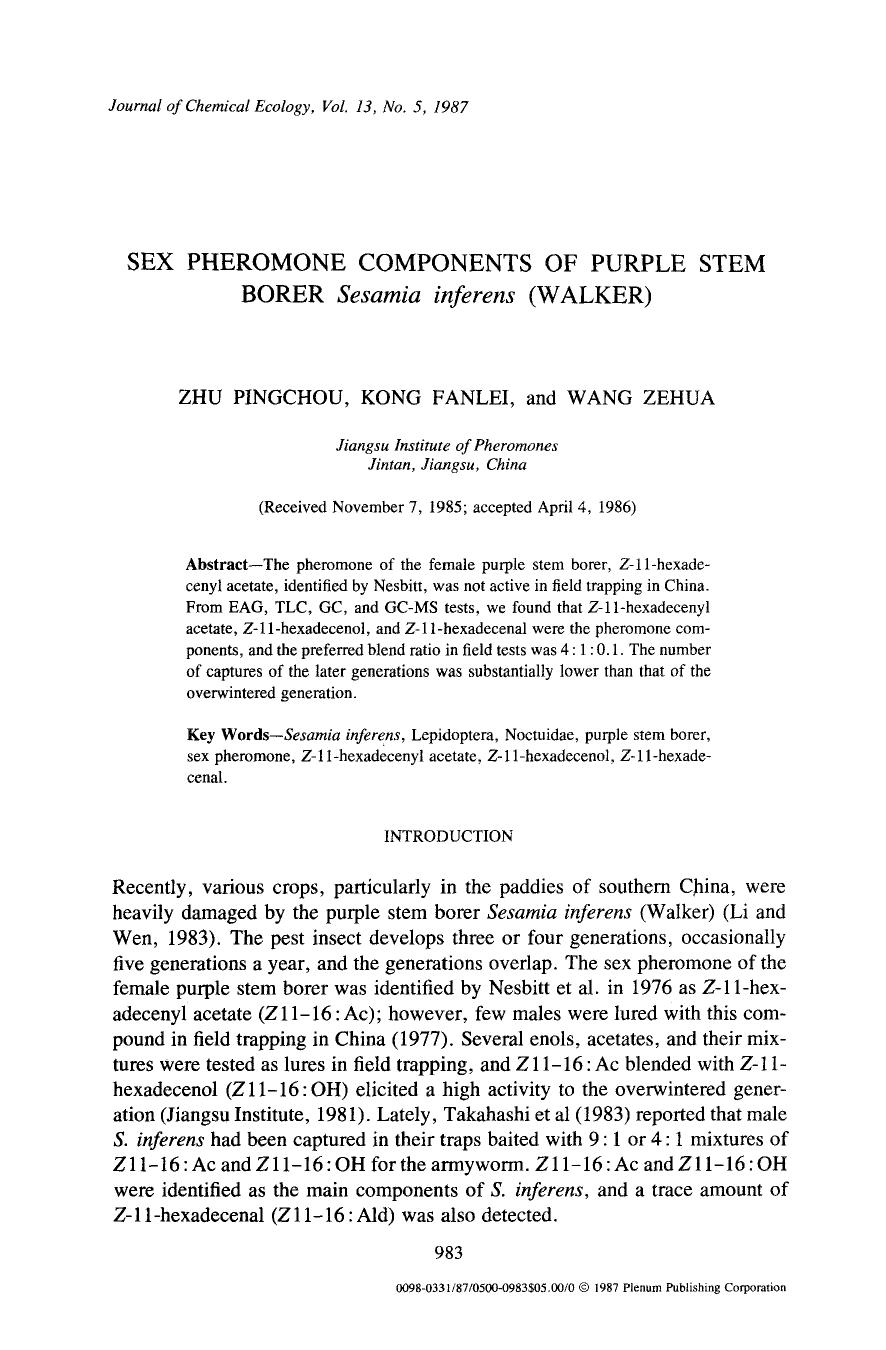 Sex pheromone components of purple stem borer <Emphasis Type="Italic">Sesamia inferens <Emphasis> (Walker) by Unknown