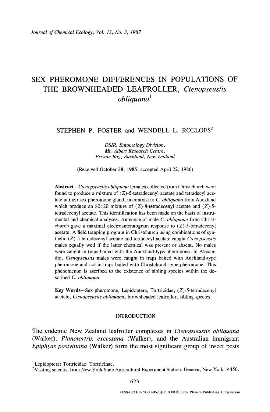 Sex pheromone differences in populations of the brownheaded leafroller, <Emphasis Type="Italic">Ctenopseustis obliquana <Emphasis> by Unknown