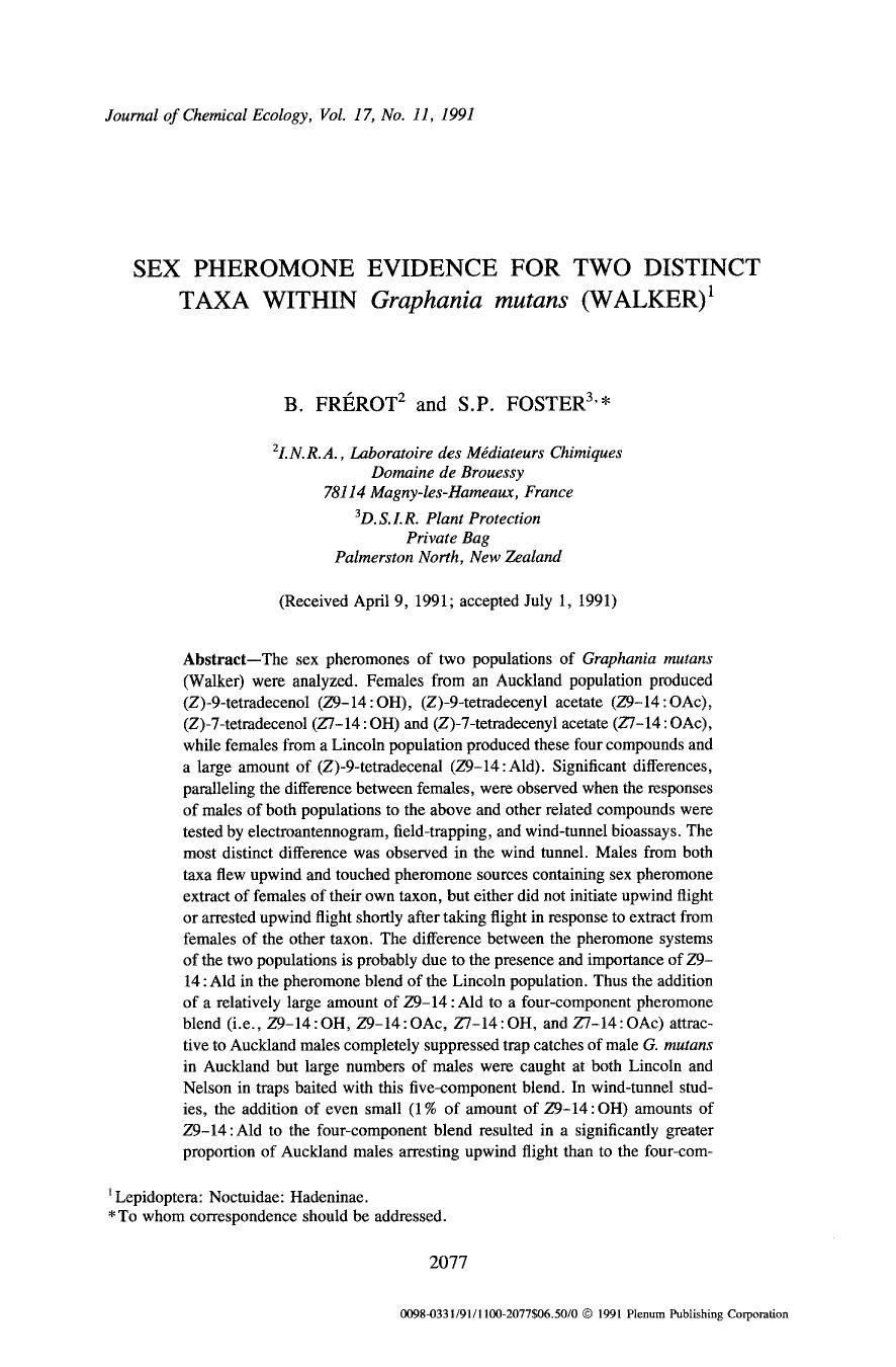 Sex pheromone evidence for two distinct taxa within <Emphasis Type="Italic">Graphania mutans <Emphasis> (Walker) by Unknown