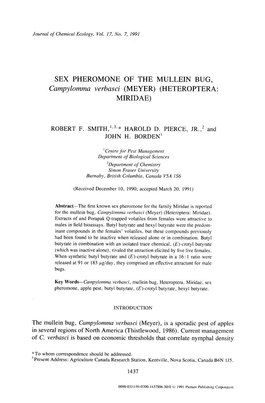 Sex pheromone of the mullein bug, <Emphasis Type="Italic">Campylomma verbasci <Emphasis> (Meyer) (Heteroptera: Miridae) by Unknown
