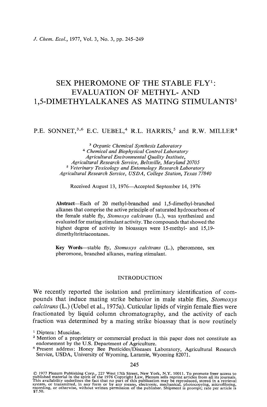 Sex pheromone of the stable fly: Evaluation of methyl- and 1,5-dimethylalkanes as mating stimulants by Unknown