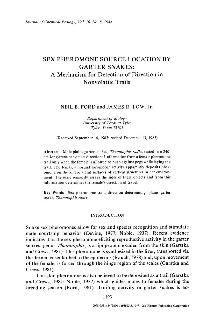 Sex pheromone source location by garter snakes: by Unknown