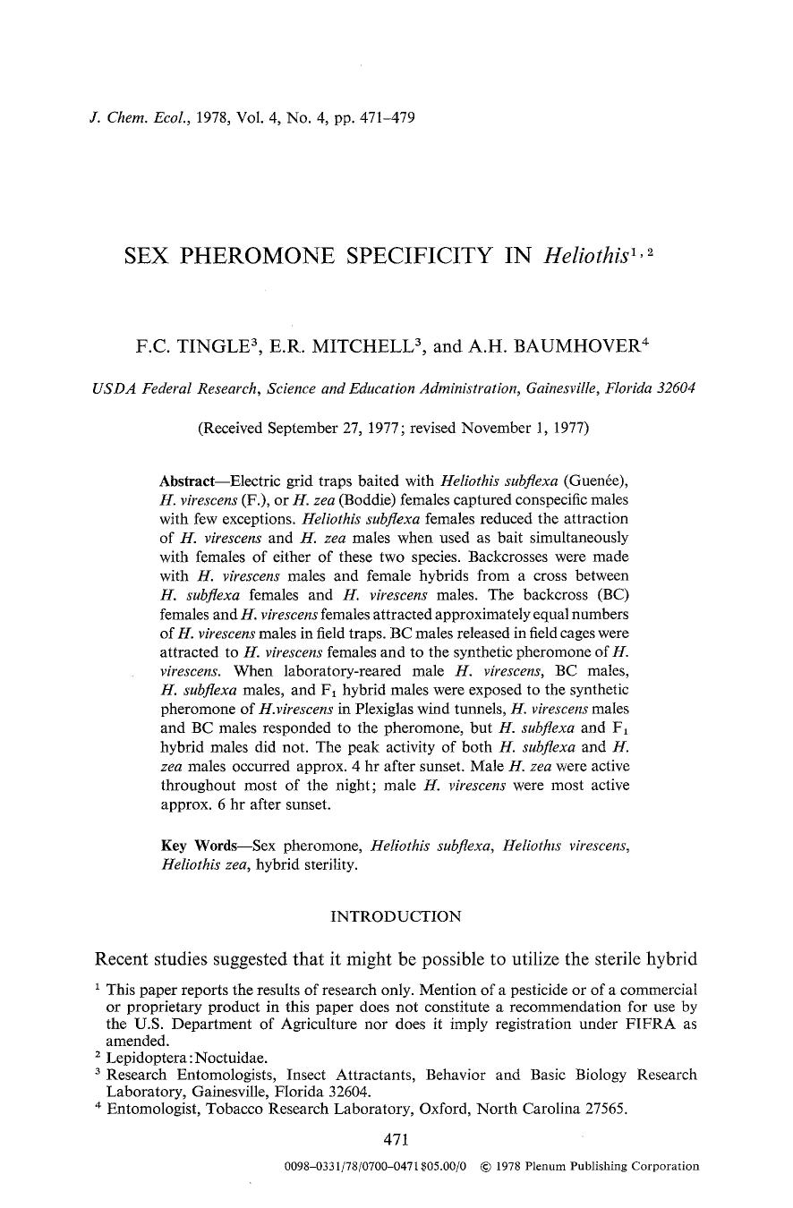 Sex pheromone specificity in <Emphasis Type="Italic">Heliothis <Emphasis> by Unknown