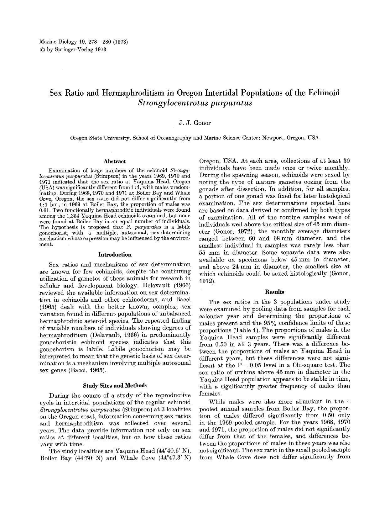 Sex ratio and hermaphroditism in Oregon intertidal populations of the echinoid <Emphasis Type="Italic">Strongylocentrotus purpuratus<Emphasis> by Unknown