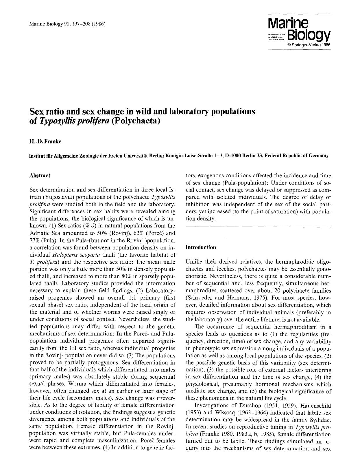 Sex ratio and sex change in wild and laboratory populations of <Emphasis Type="Italic">Typosyllis prolifera <Emphasis> (Polychaeta) by Unknown