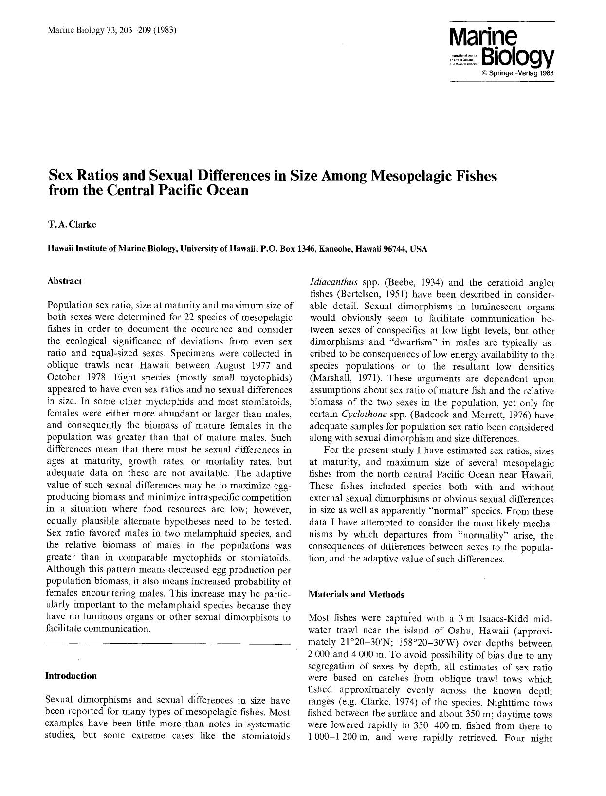 Sex ratios and sexual differences in size among mesopelagic fishes from the central Pacific Ocean by Unknown