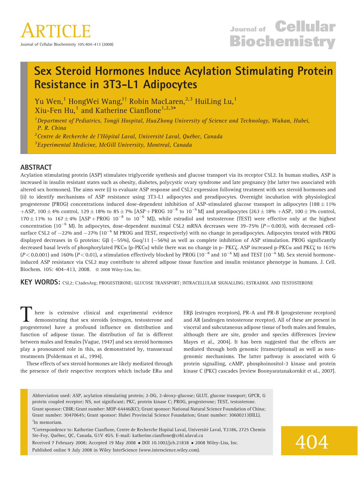 Sex steroid hormones induce acylation stimulating protein resistance in 3T3-L1 adipocytes by Unknown