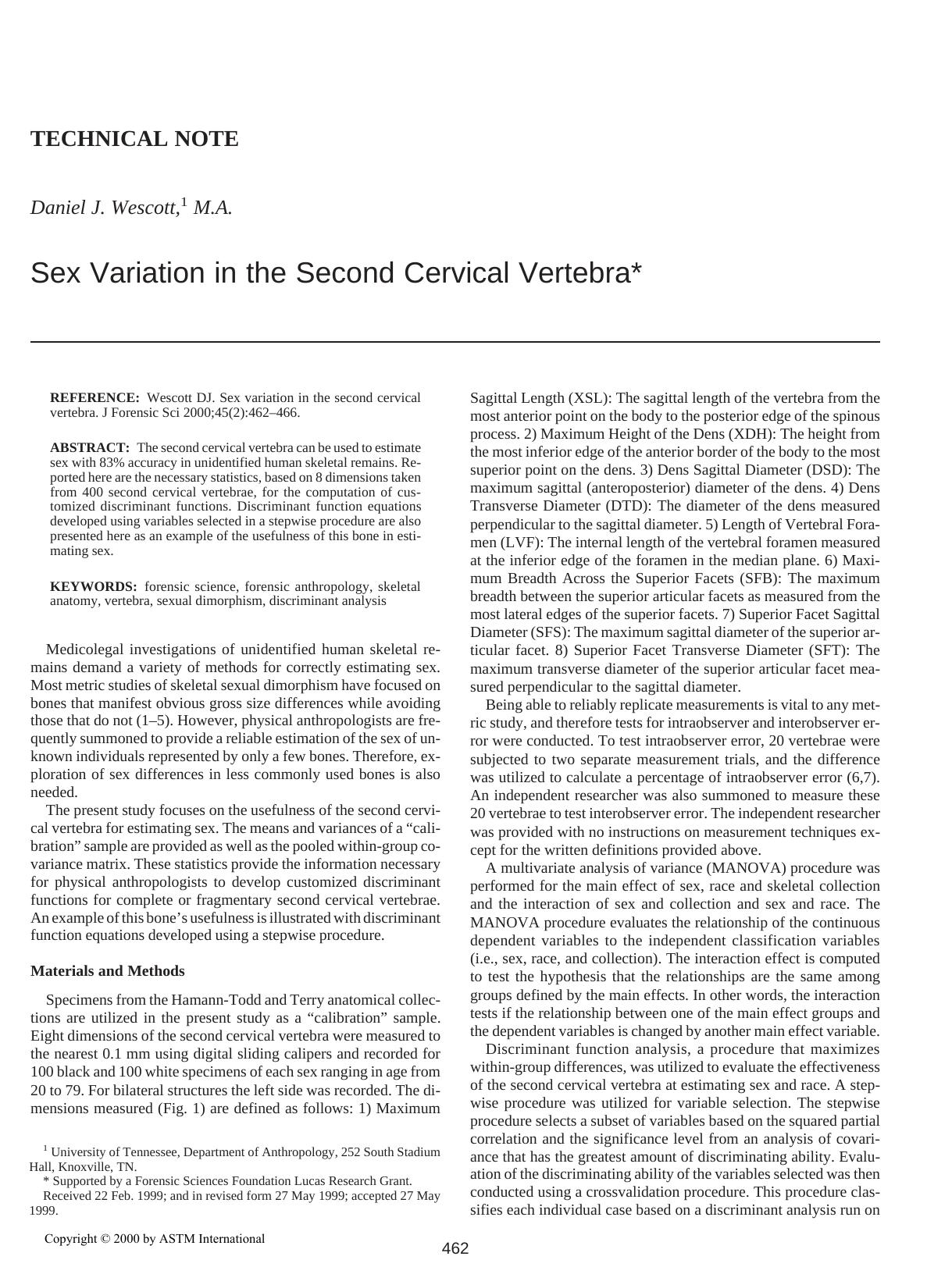 Sex variation in the second cervical vertebra by Wescott DJ