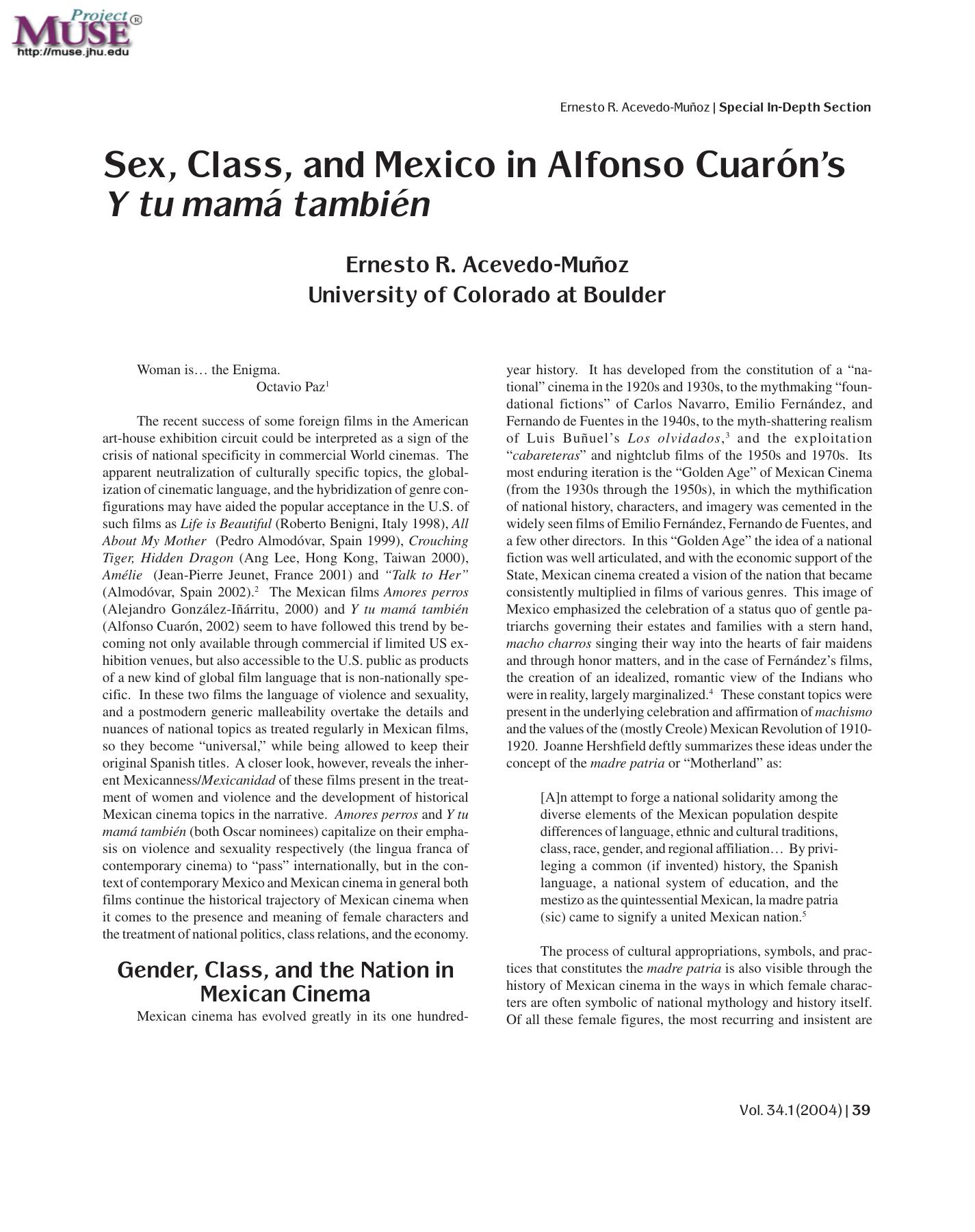 Sex, Class, and Mexico in Alfonso CuarÃ³nâs Y Tu MamÃ¡ TambiÃ©n by Ernesto R. Acevedo-Muñoz