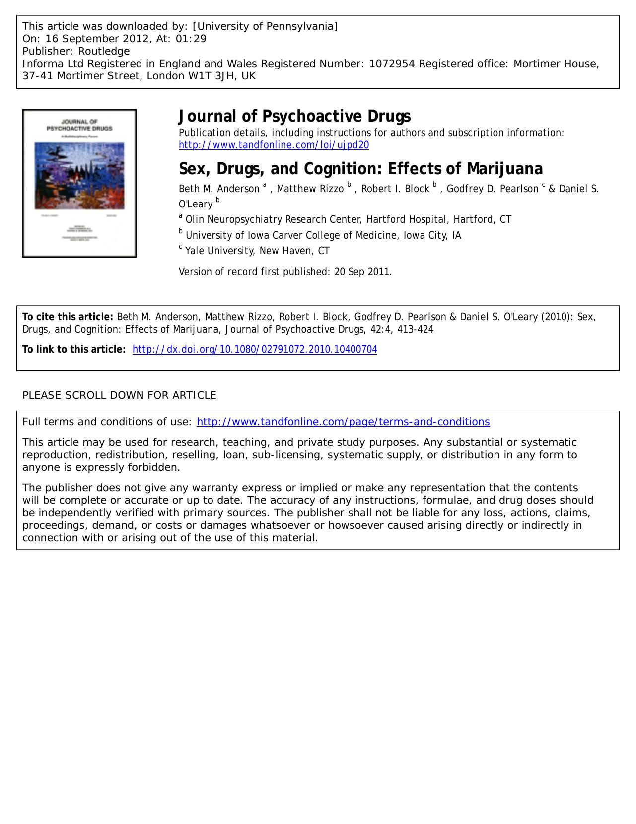 Sex, Drugs, and Cognition: Effects of Marijuana by unknow