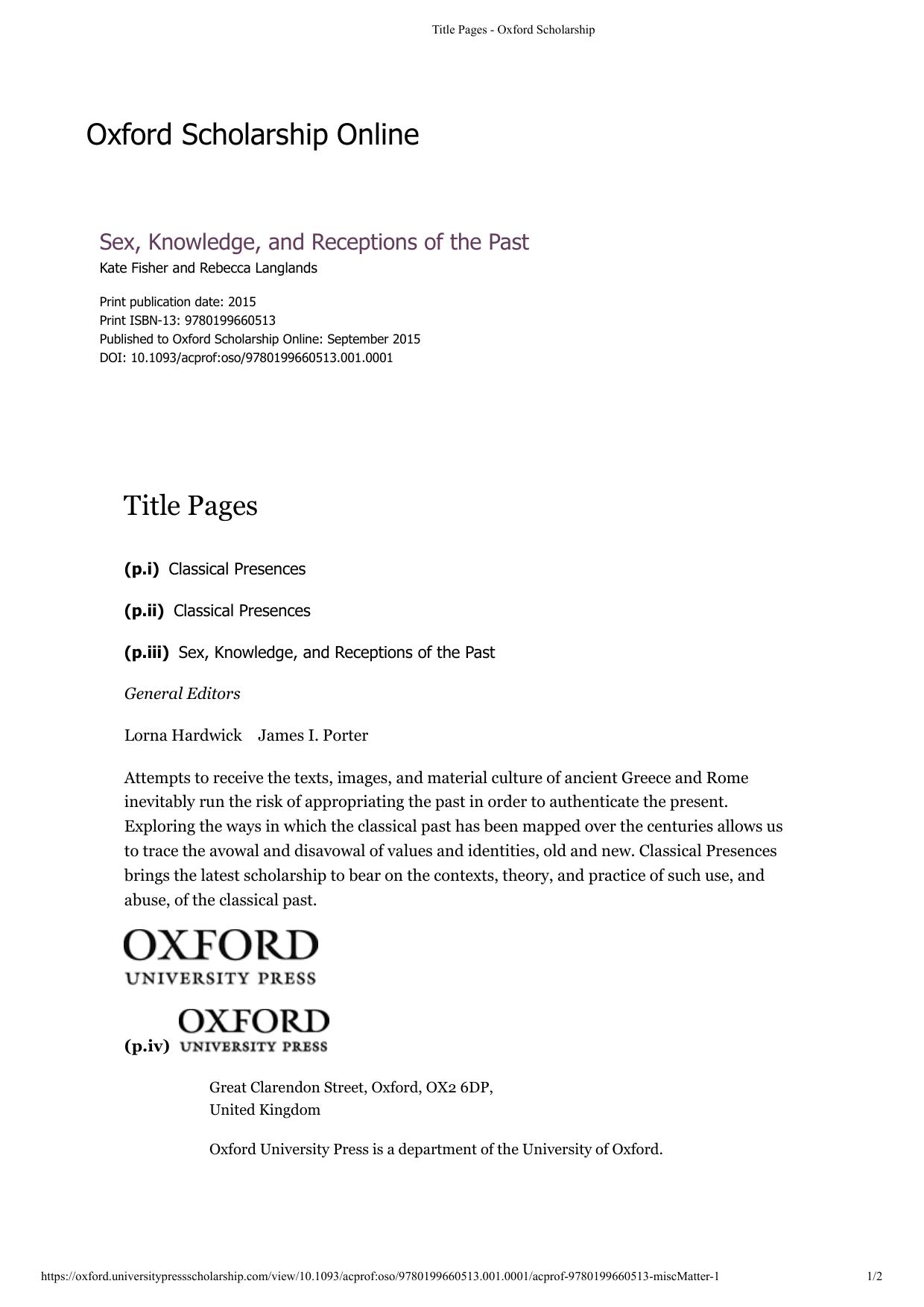 Sex, Knowledge, and Receptions of the Past by Kate Fisher; Rebecca Langlands