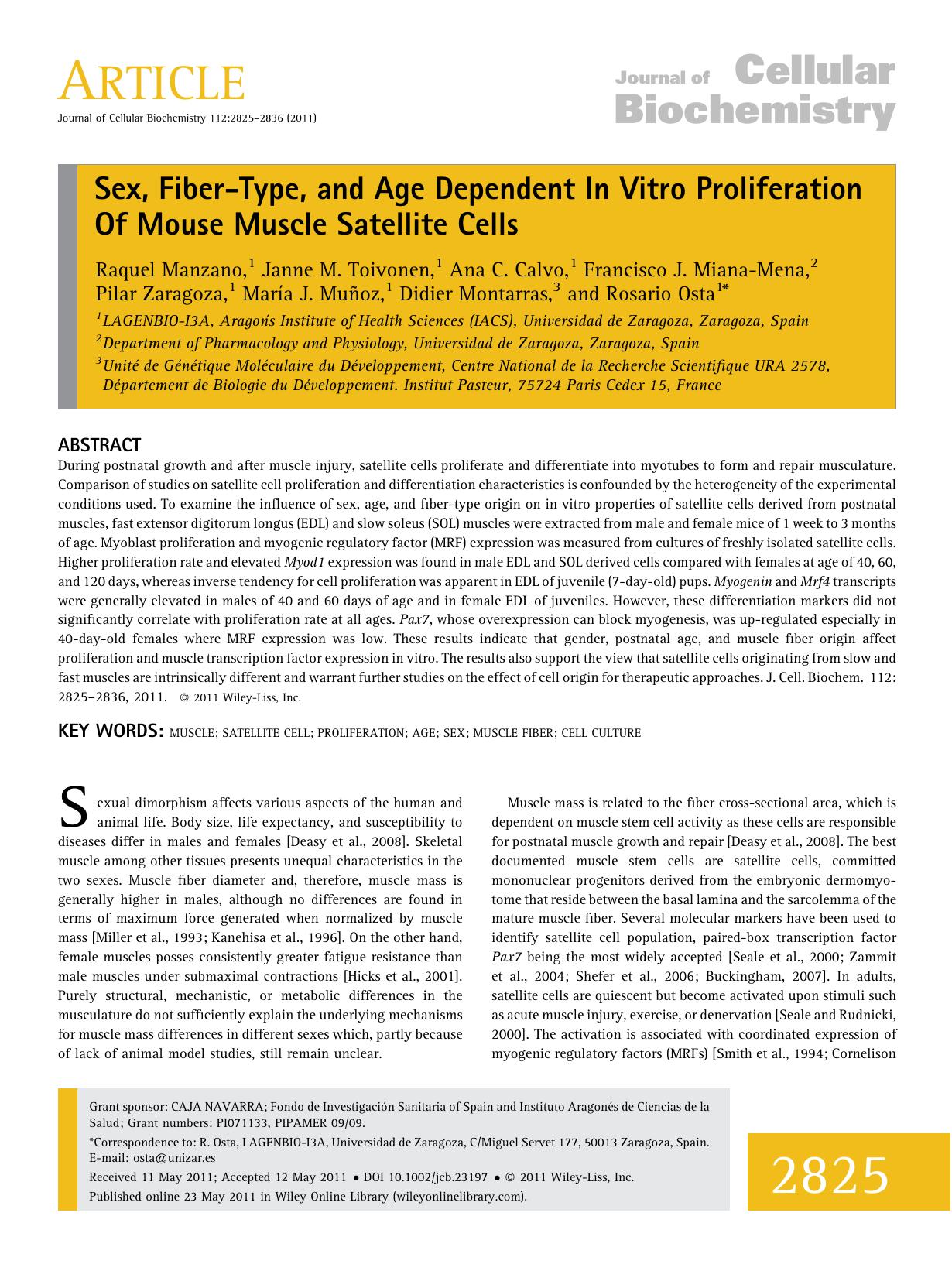 Sex, fibertype, and age dependent in vitro proliferation of mouse muscle satellite cells by Unknown