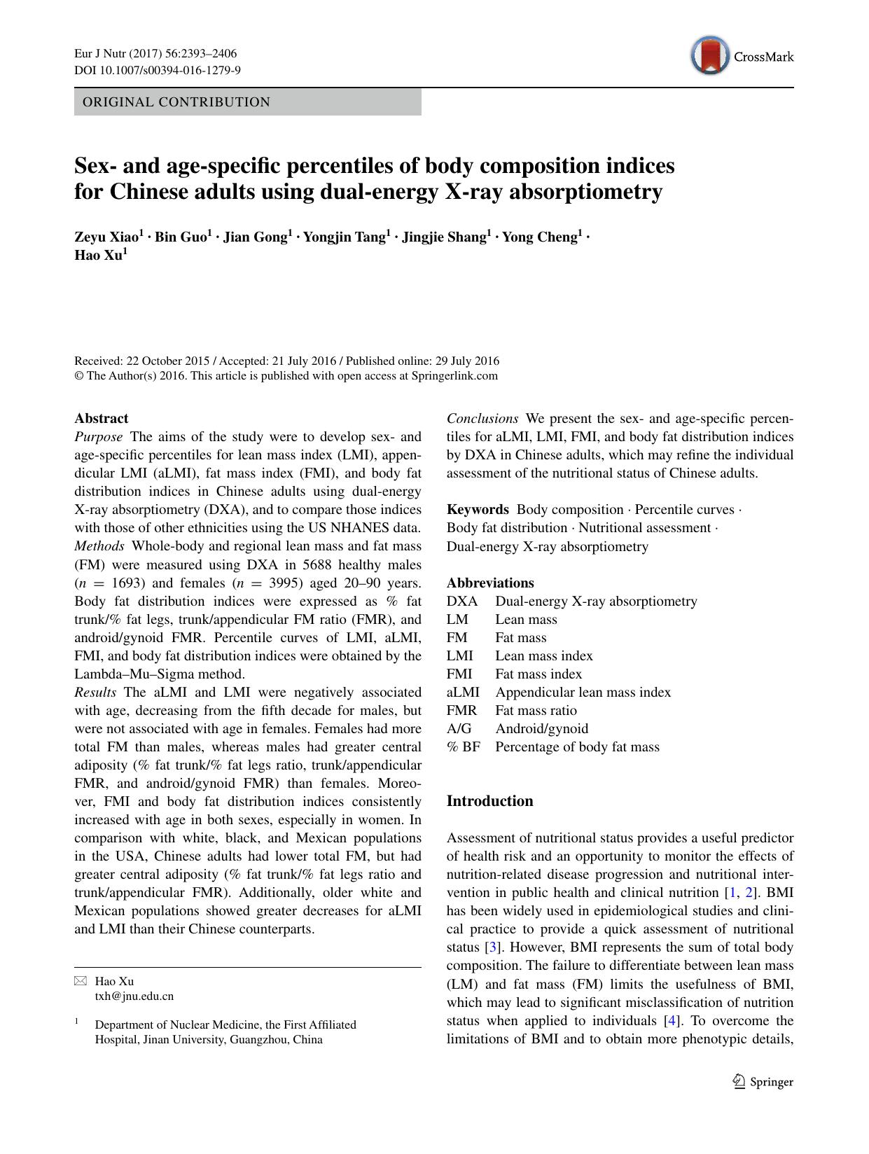 Sex- and age-specific percentiles of body composition indices for Chinese adults using dual-energy X-ray absorptiometry by Zeyu Xiao & Bin Guo & Jian Gong & Yongjin Tang & Jingjie Shang & Yong Cheng & Hao Xu
