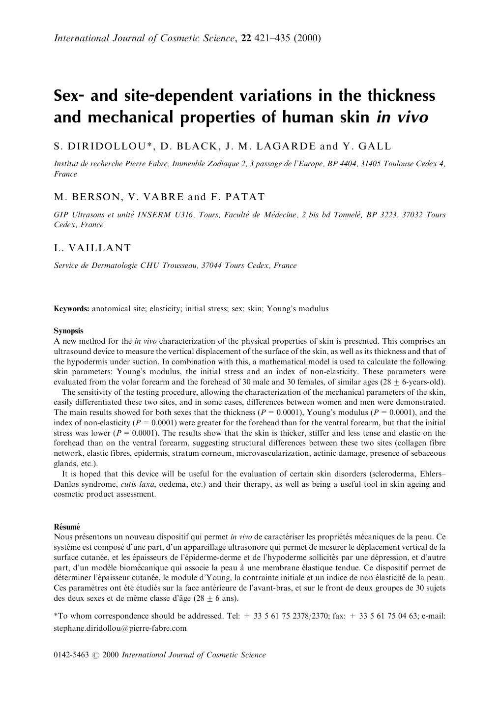 Sex- and site-dependent variations in the thickness and mechanical properties of human skin in vivo by Unknown