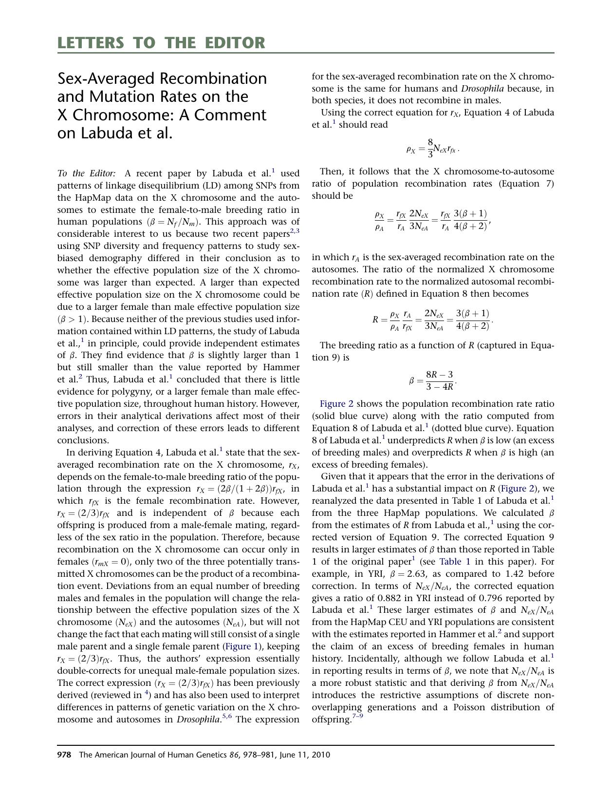 Sex-Averaged Recombination and Mutation Rates on the X Chromosome: A Comment on Labuda et&nbsp;al. by Kirk E. Lohmueller & Jeremiah D. Degenhardt & Alon Keinan