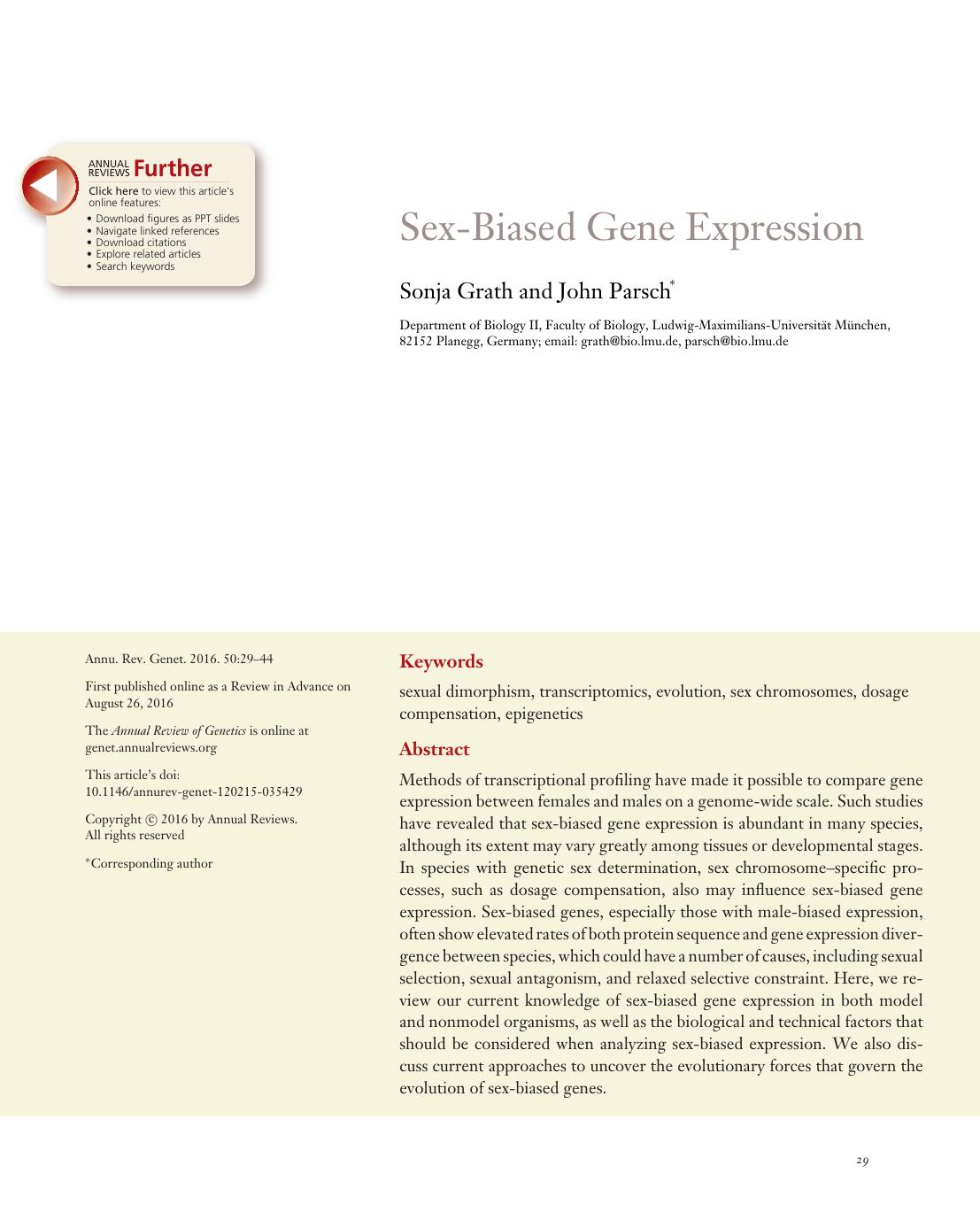 Sex-Biased Gene Expression by Sonja Grath and John Parsch