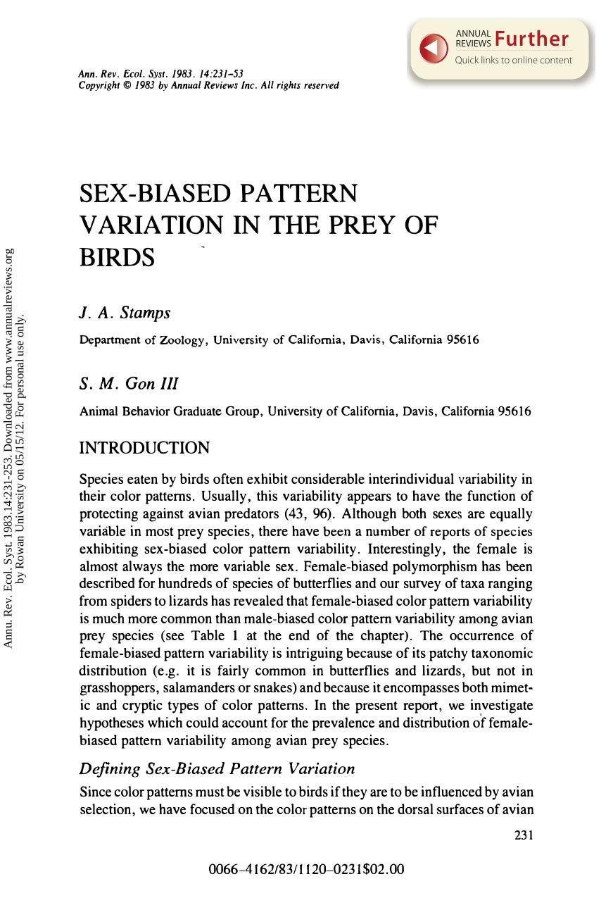 Sex-Biased Pattern Variation in the Prey of Birds by J A Stamps & and S M Gon III