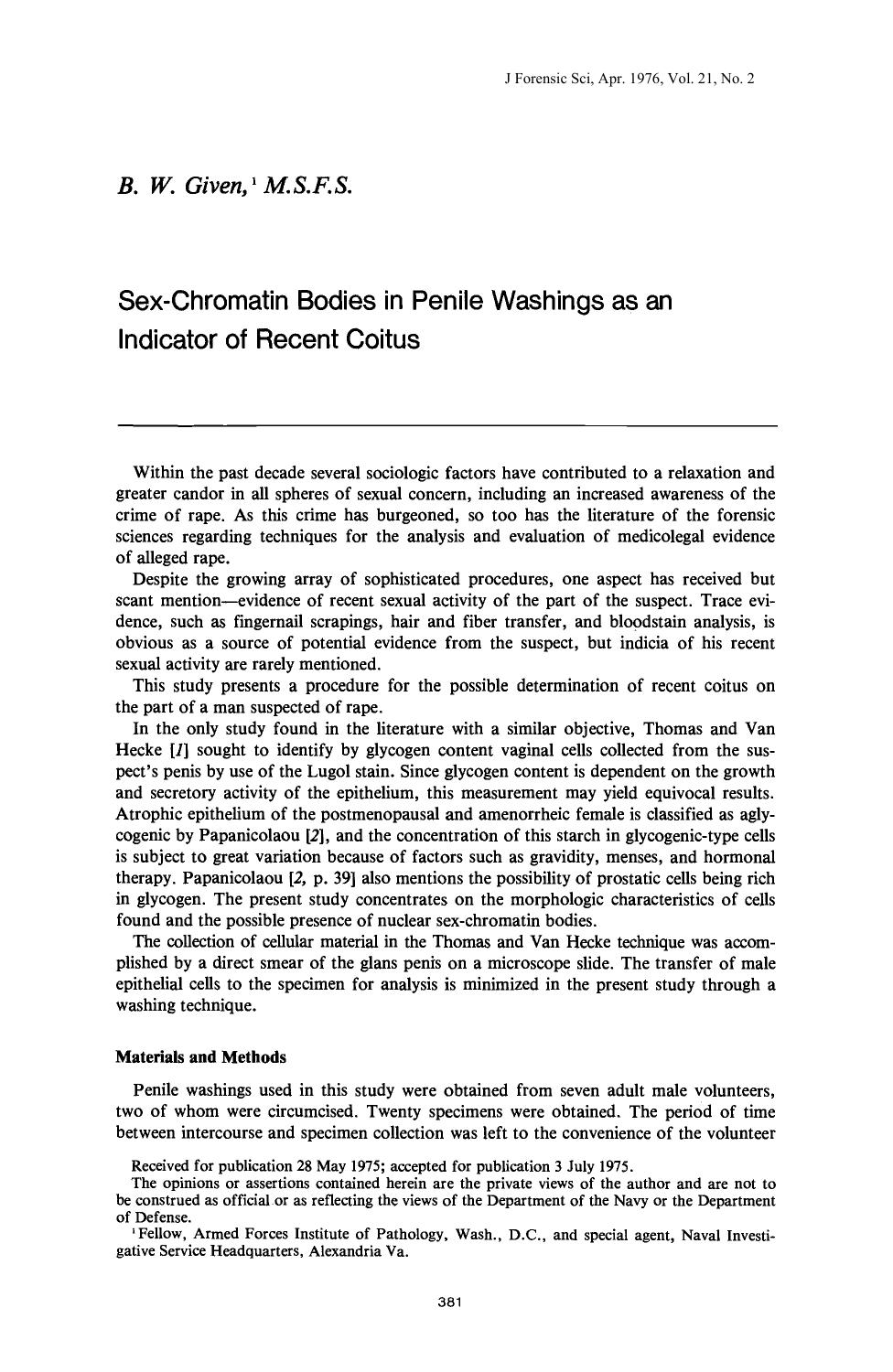 Sex-Chromatin Bodies in Penile Washings as an Indicator of Recent Coitus by Given BW