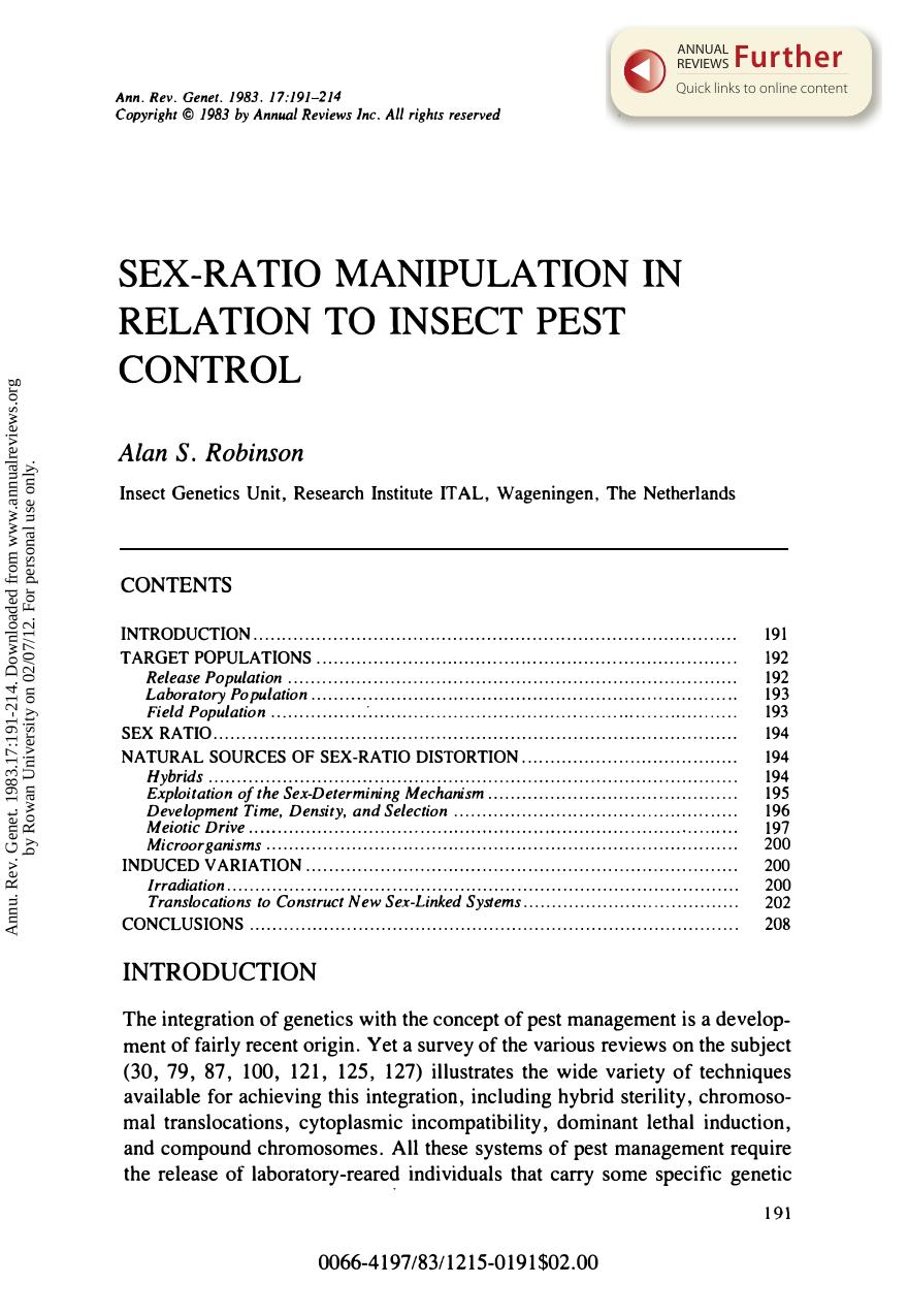 Sex-Ratio Manipulation in Relation to Insect Pest Control by A S Robinson
