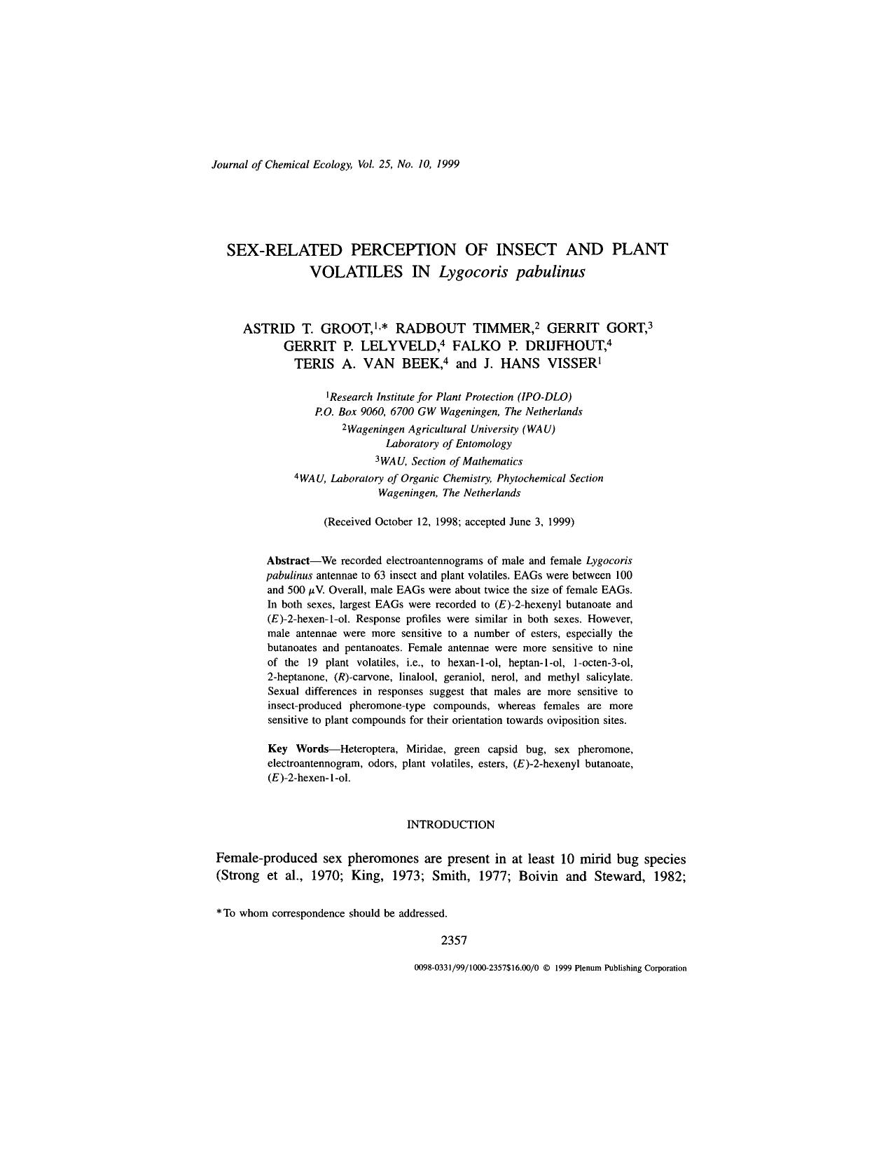 Sex-Related Perception of Insect and Plant Volatiles in <Emphasis Type="Italic">Lygocoris pabulinus<Emphasis> by Unknown