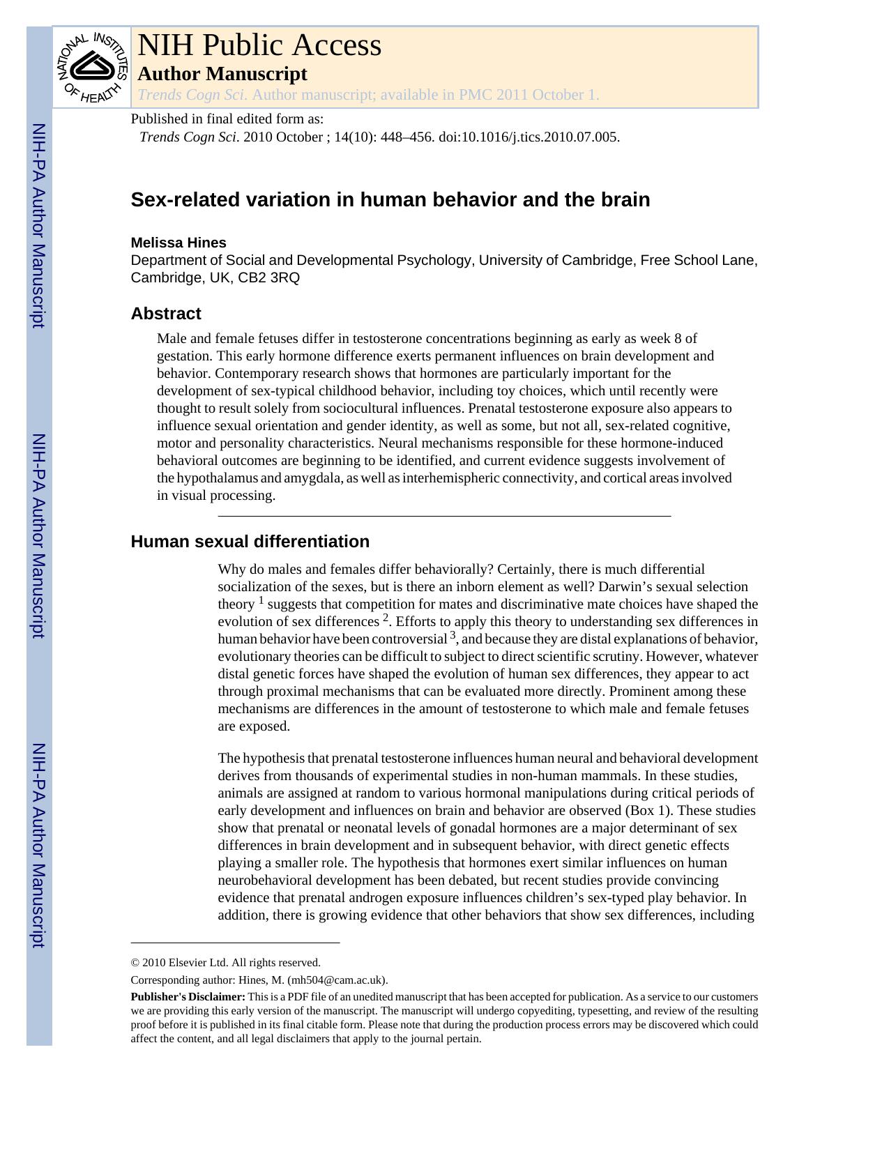 Sex-Related Variation in Human Behavior and the Brain (2011) by Melissa Hines by Unknown