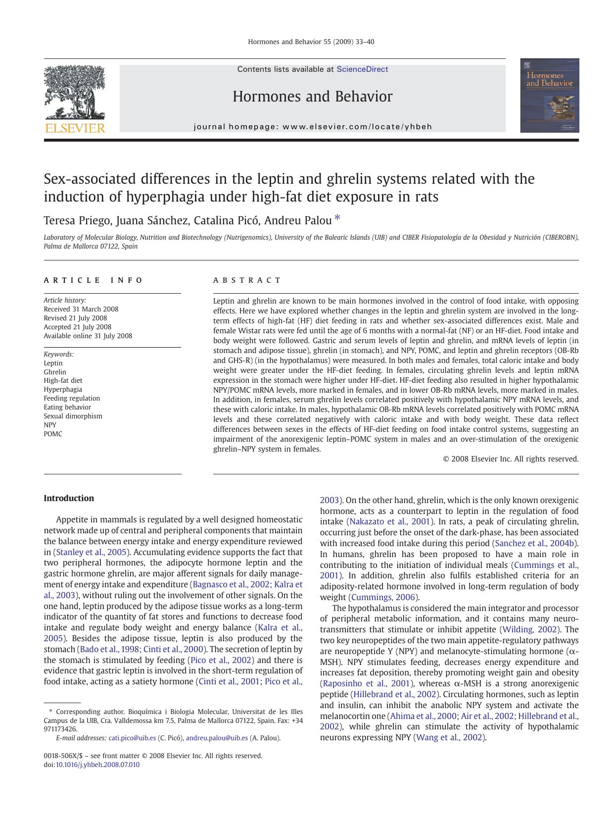 Sex-associated differences in the leptin and ghrelin systems related with the induction of hyperphagia under high-fat diet exposure in rats by Teresa Priego; Juana Sánchez; Catalina Picó; Andreu Palou