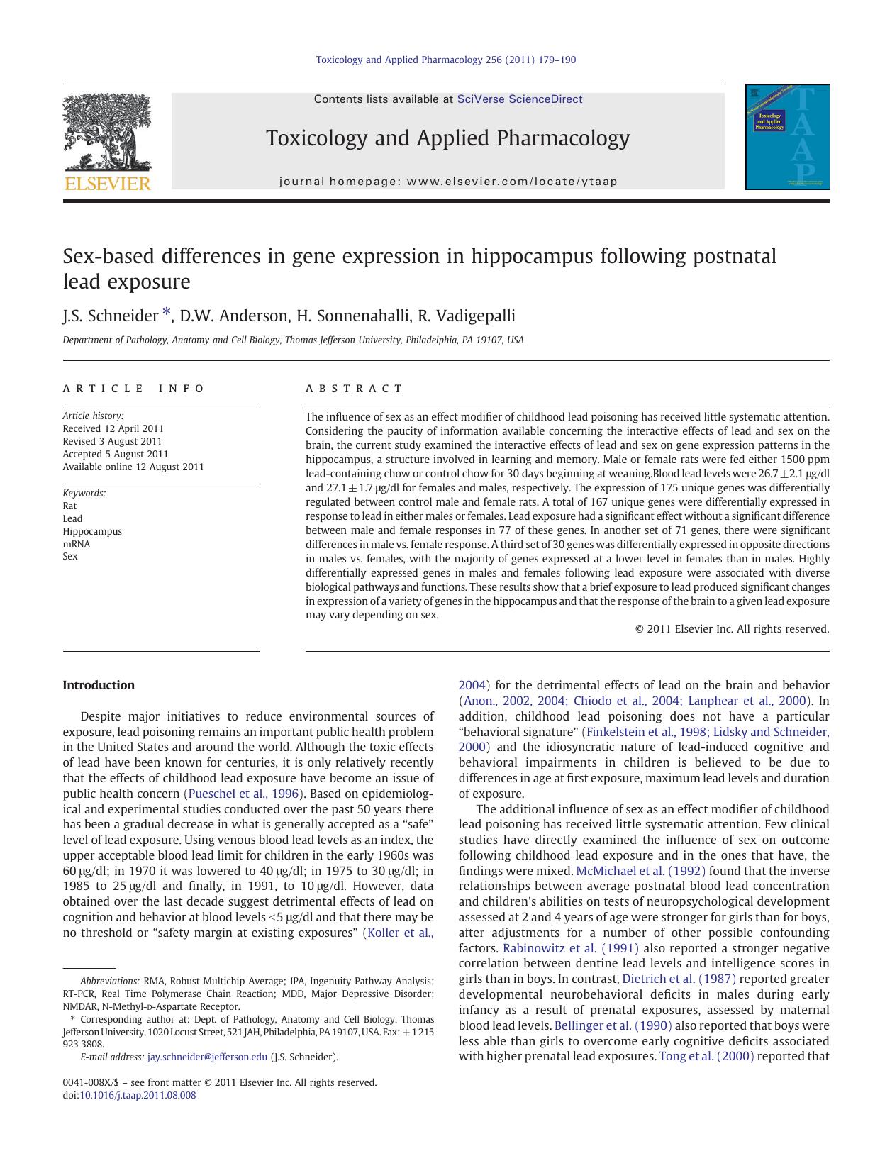 Sex-based differences in gene expression in hippocampus following postnatal lead exposure by J.S. Schneider & D.W. Anderson & H. Sonnenahalli & R. Vadigepalli