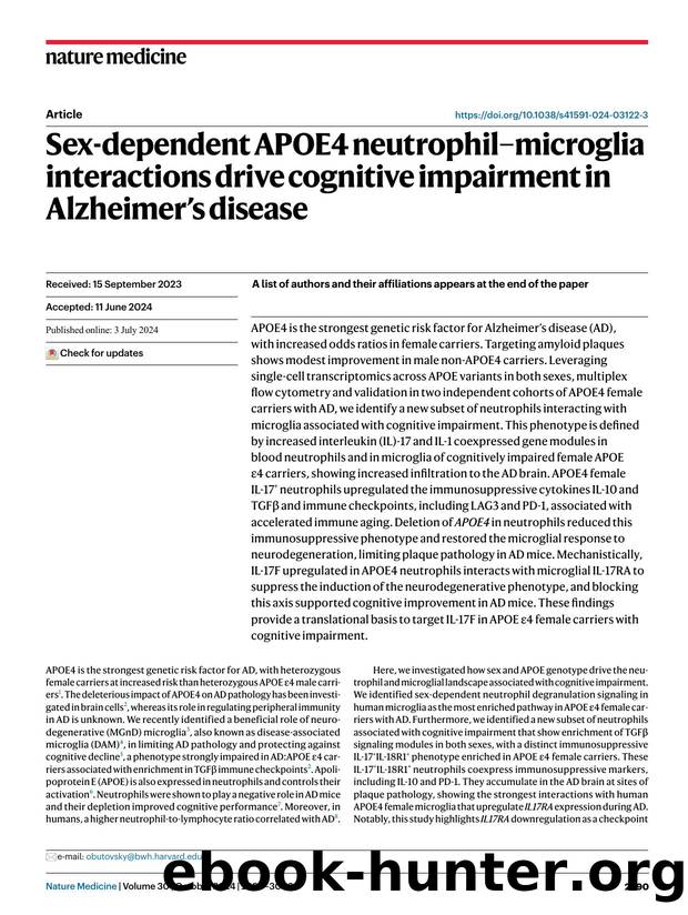 Sex-dependent APOE4 neutrophilâmicroglia interactions drive cognitive impairment in Alzheimerâs disease by unknow