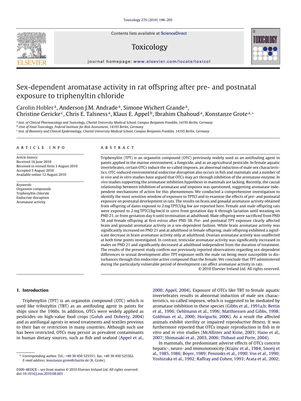 Sex-dependent aromatase activity in rat offspring after pre- and postnatal exposure to triphenyltin chloride by Carolin Hobler