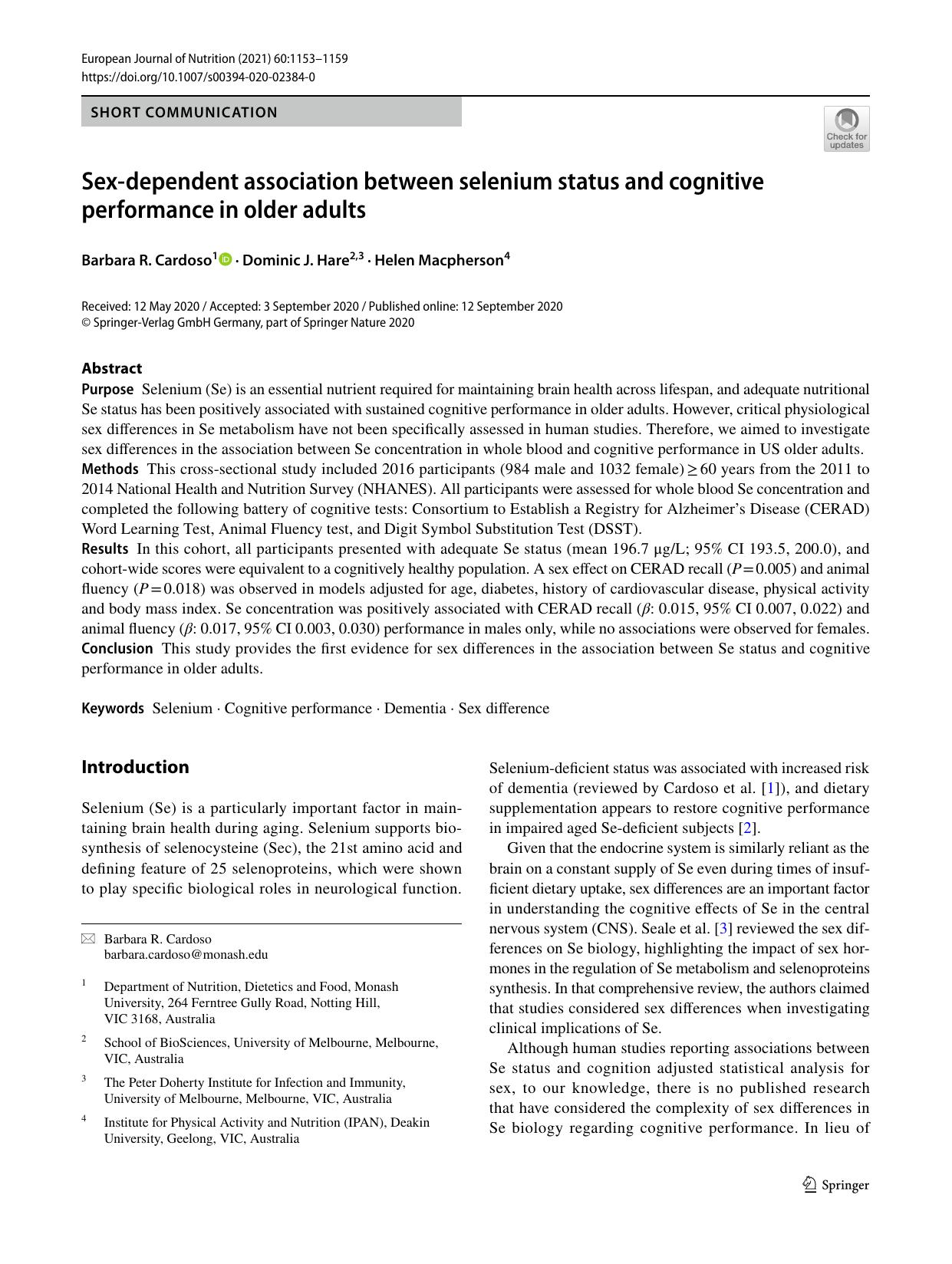 Sex-dependent association between selenium status and cognitive performance in older adults by Barbara R. Cardoso & Dominic J. Hare & Helen Macpherson