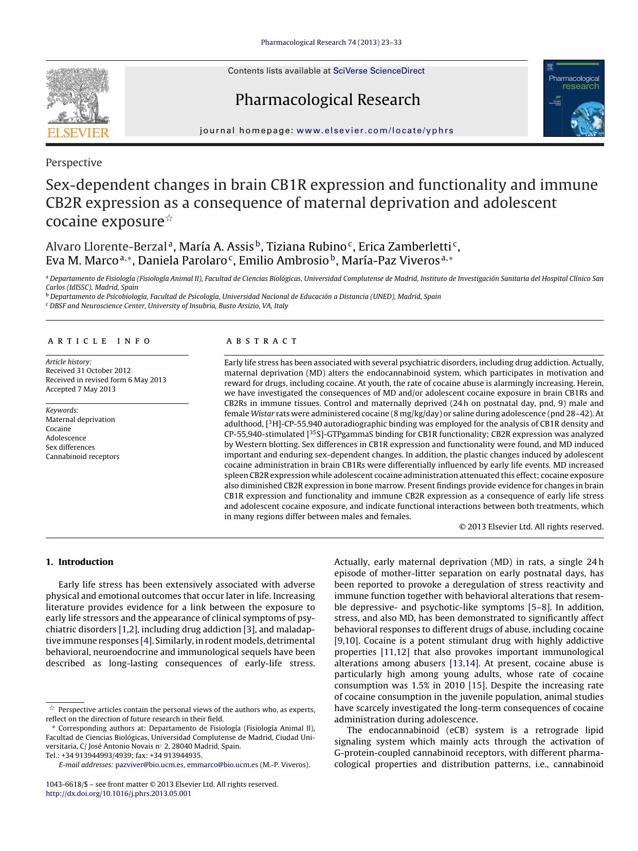 Sex-dependent changes in brain CB1R expression and functionality and immune CB2R expression as a consequence of maternal deprivation and adolescent cocaine exposure by unknow