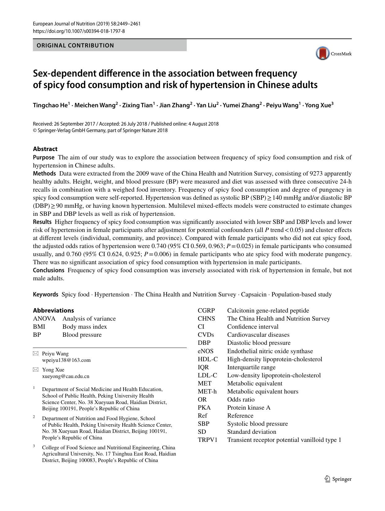 Sex-dependent difference in the association between frequency of spicy food consumption and risk of hypertension in Chinese adults by Tingchao He