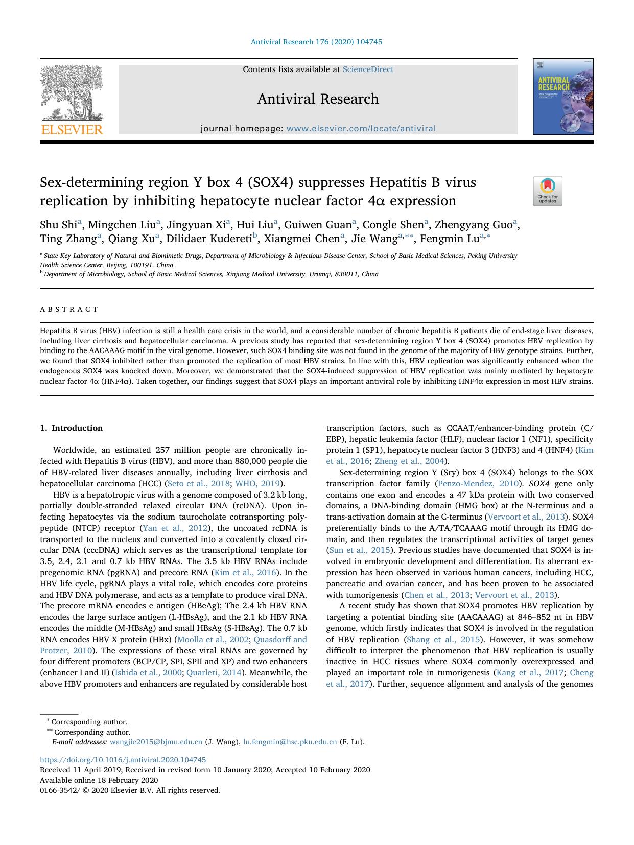 Sex-determining region Y box 4 (SOX4) suppresses Hepatitis B virus replication by inhibiting hepatocyte nuclear factor 4Î± expression by Shu Shi