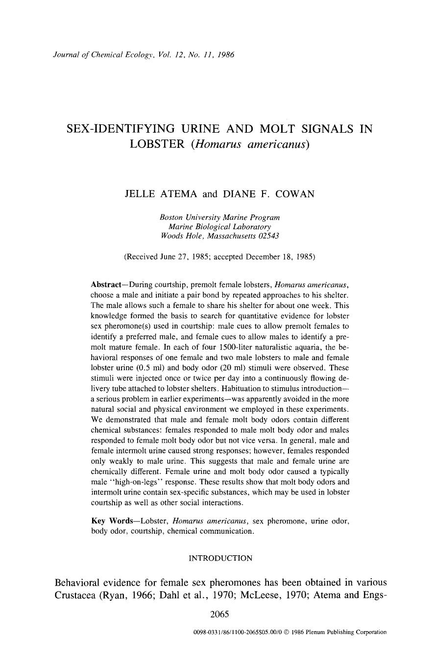 Sex-identifying urine and molt signals in lobster ( <Emphasis Type="Italic">Homarus americanus <Emphasis>) by Unknown