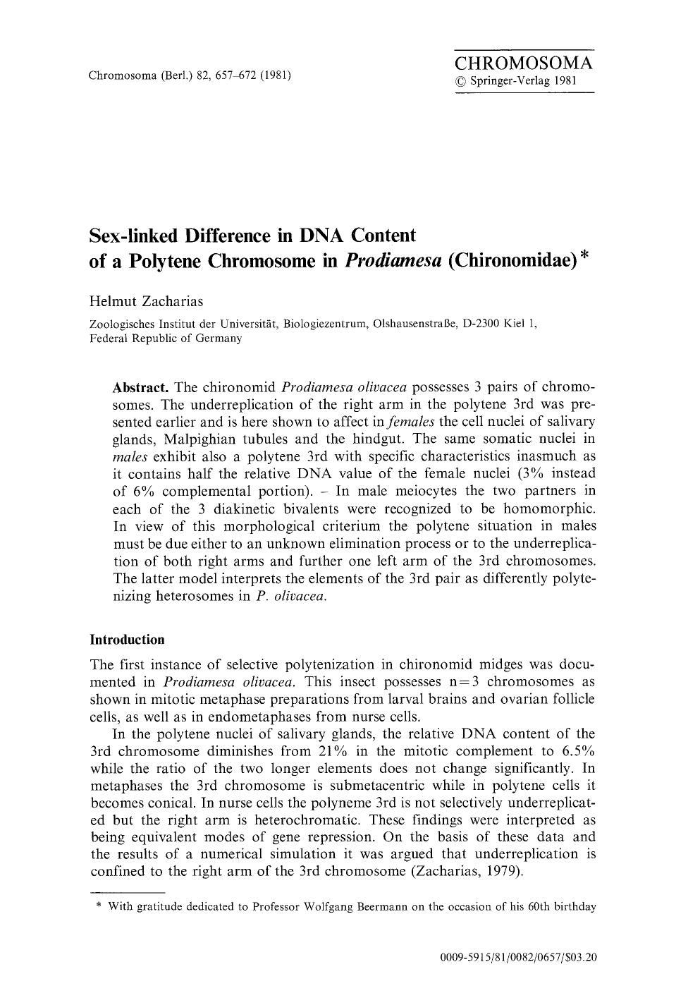 Sex-linked difference in DNA content of a polytene chromosome in <Emphasis Type="Italic">Prodiamesa<Emphasis> (Chironomidae) by Unknown