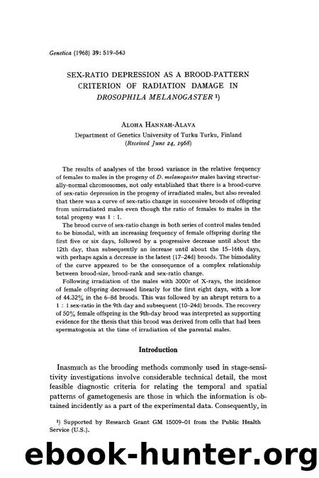 Sex-ratio depression as a brood-pattern criterion of radiation damage in <Emphasis Type="Italic">Drosophila melanogaster <Emphasis> by Unknown