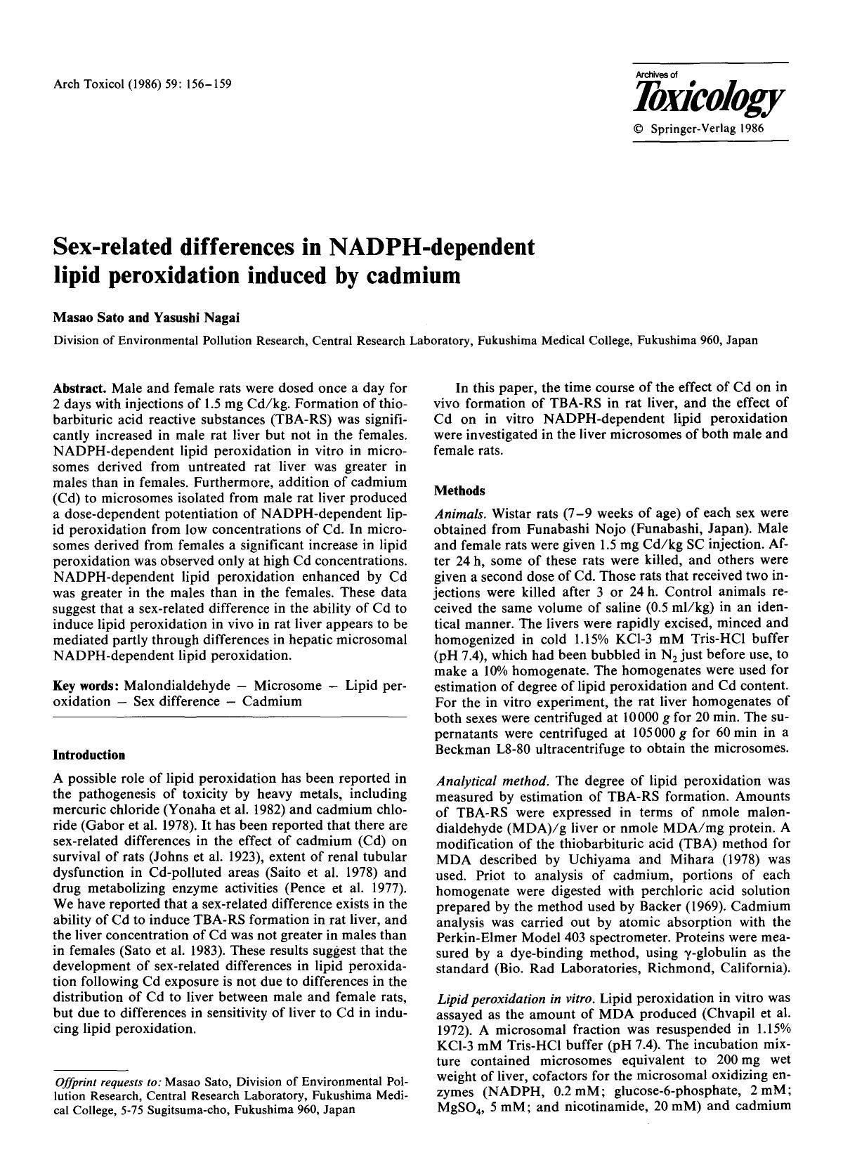 Sex-related differences in NADPH-dependent lipid peroxidation induced by cadmium by Unknown