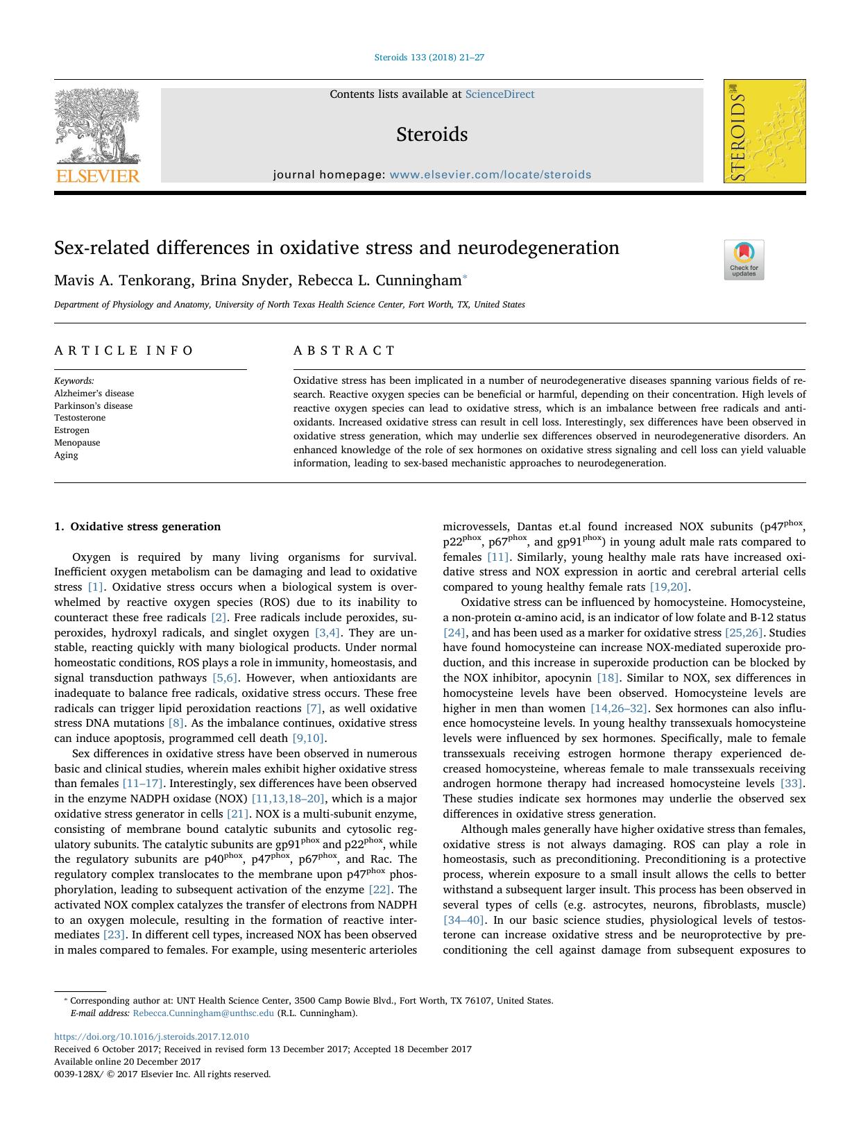Sex-related differences in oxidative stress and neurodegeneration by Mavis A. Tenkorang & Brina Snyder & Rebecca L. Cunningham