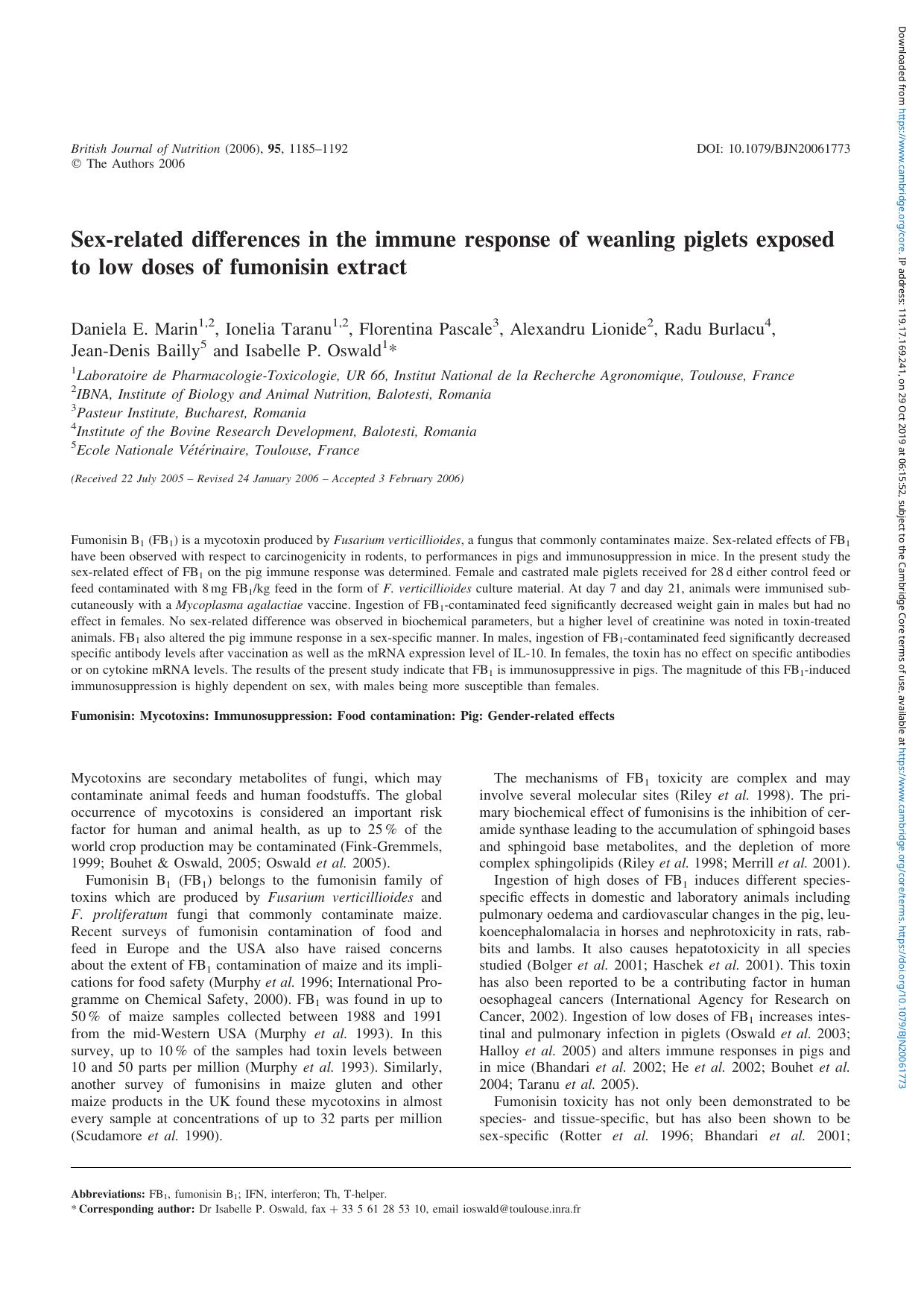 Sex-related differences in the immune response of weanling piglets exposed to low doses of fumonisin extract by unknow