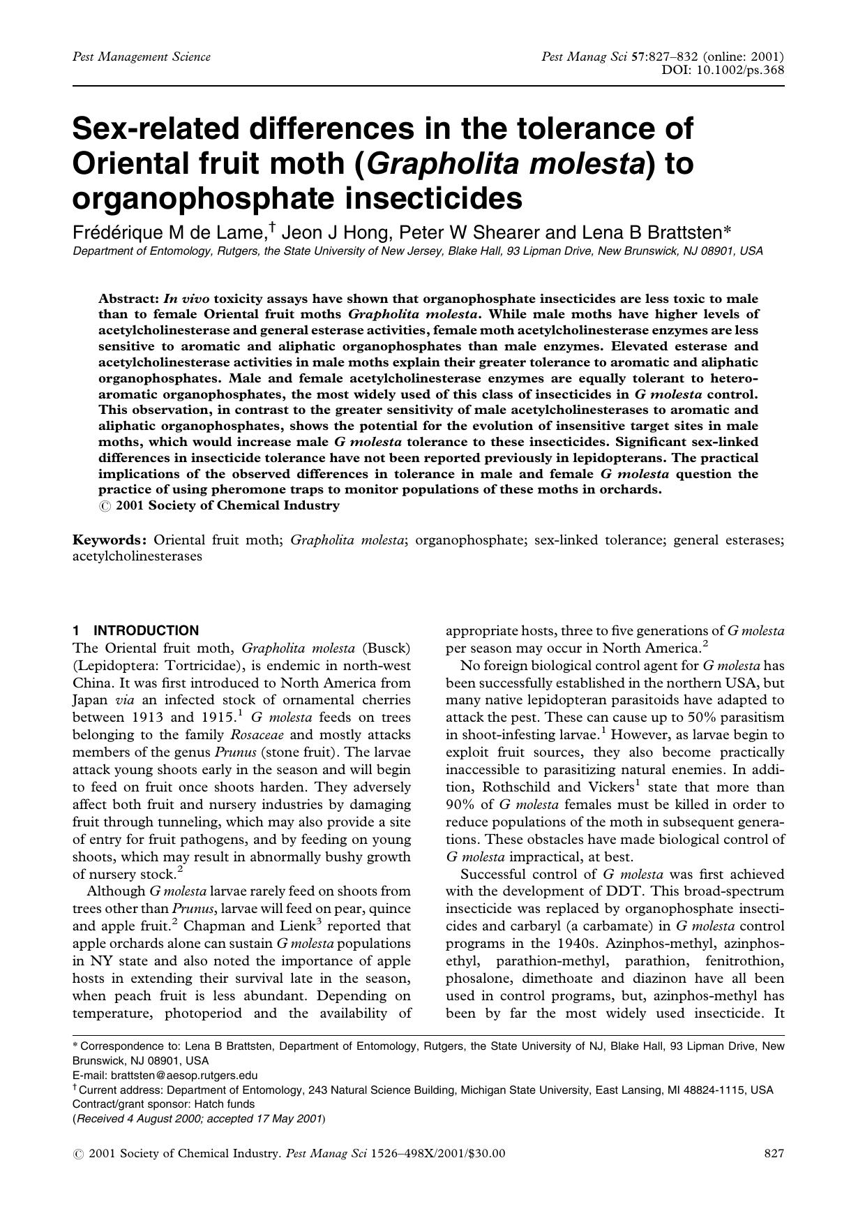 Sex-related differences in the tolerance of Oriental fruit moth (Grapholita molesta) to organophosphate insecticides by Unknown