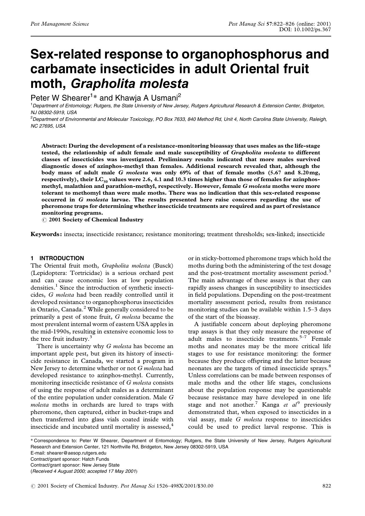 Sex-related response to organophosphorus and carbamate insecticides in adult Oriental fruit moth, Grapholita molesta by Unknown