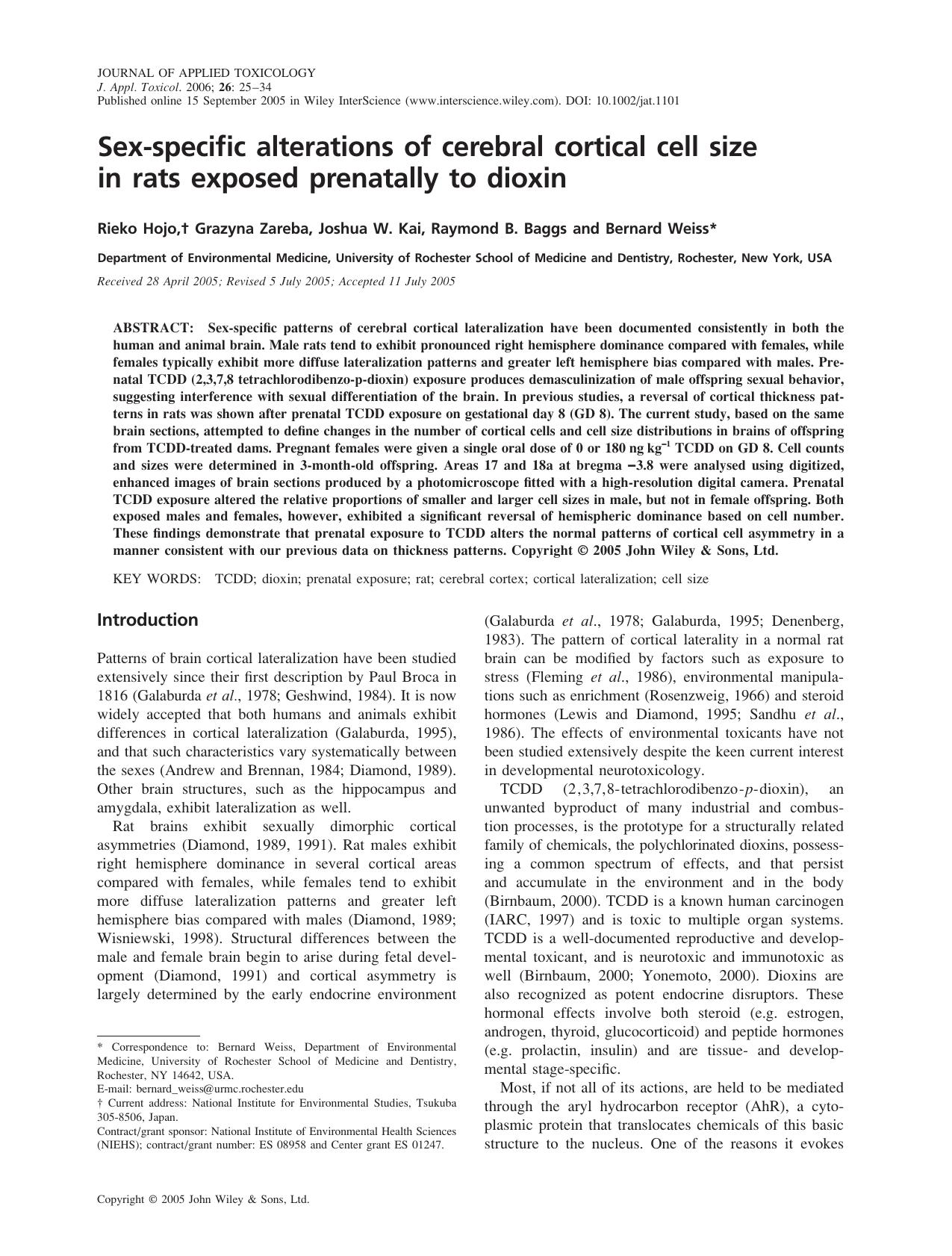 Sex-specific alterations of cerebral cortical cell size in rats exposed prenatally to dioxin by Fu