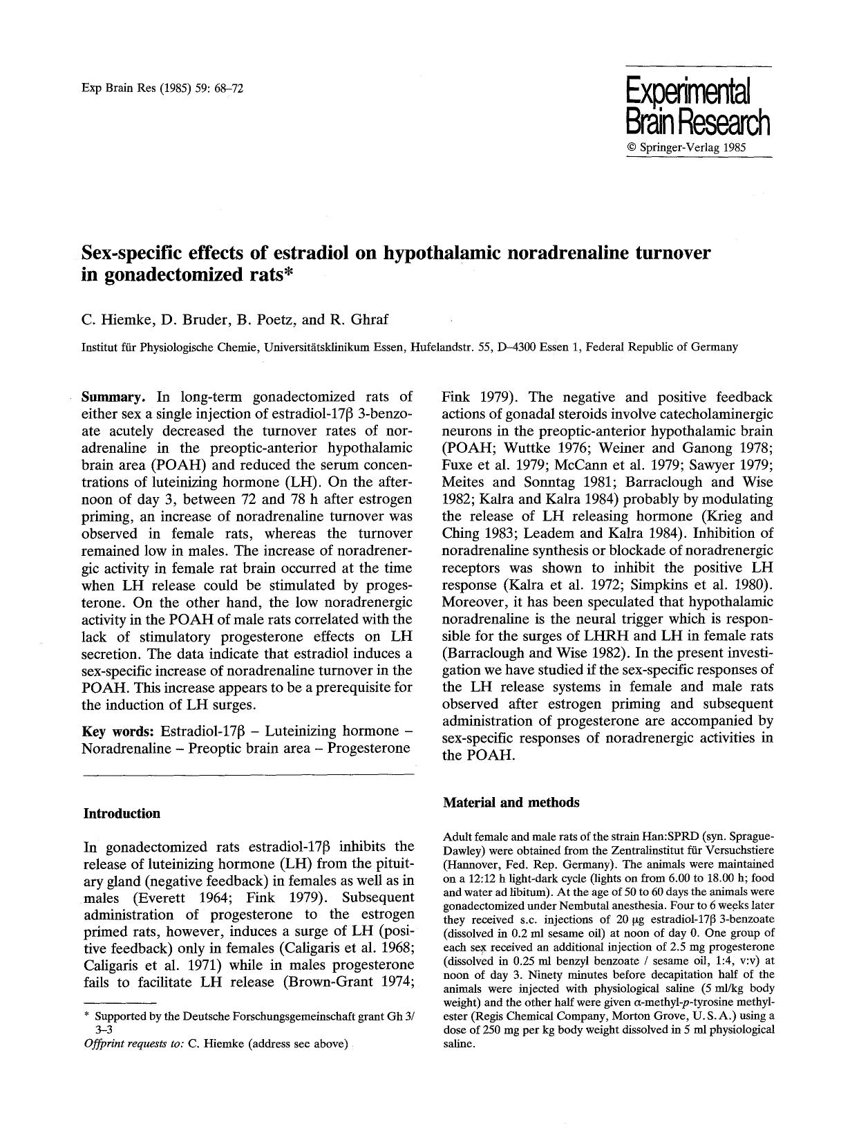 Sex-specific effects of estradiol on hypothalamic noradrenaline turnover in gonadectomized rats by Unknown