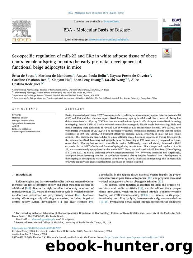 Sex-specific regulation of miR-22 and ERÎ± in white adipose tissue of obese dam's female offspring impairs the early postnatal development of functional beige adipocytes in mice by unknow