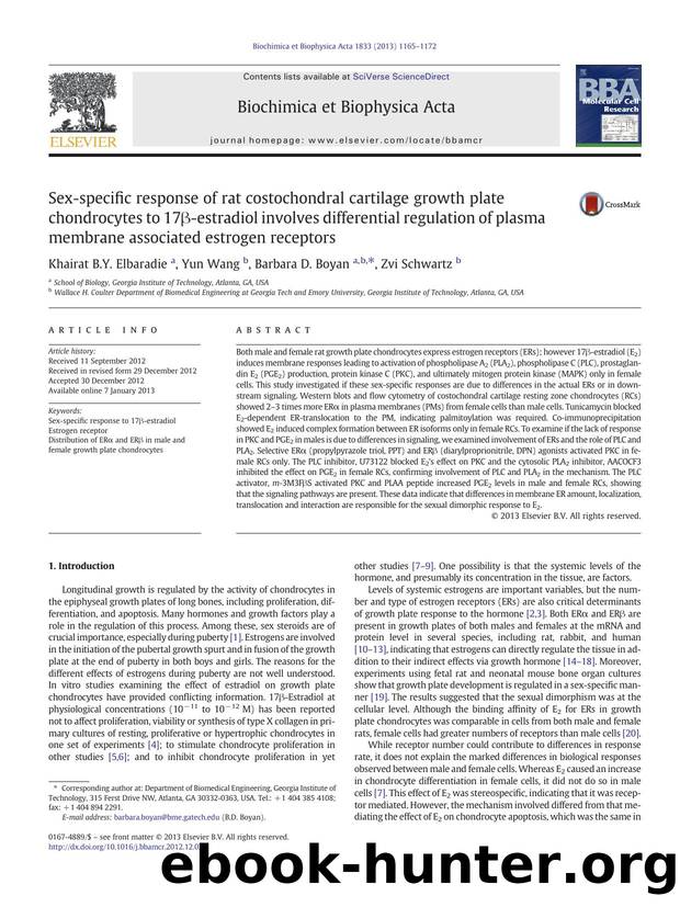 Sex-specific response of rat costochondral cartilage growth plate chondrocytes to 17Î²-estradiol involves differential regulation of plasma membrane associated estrogen receptors by Khairat B.Y. Elbaradie & Yun Wang & Barbara D. Boyan & Zvi Schwartz