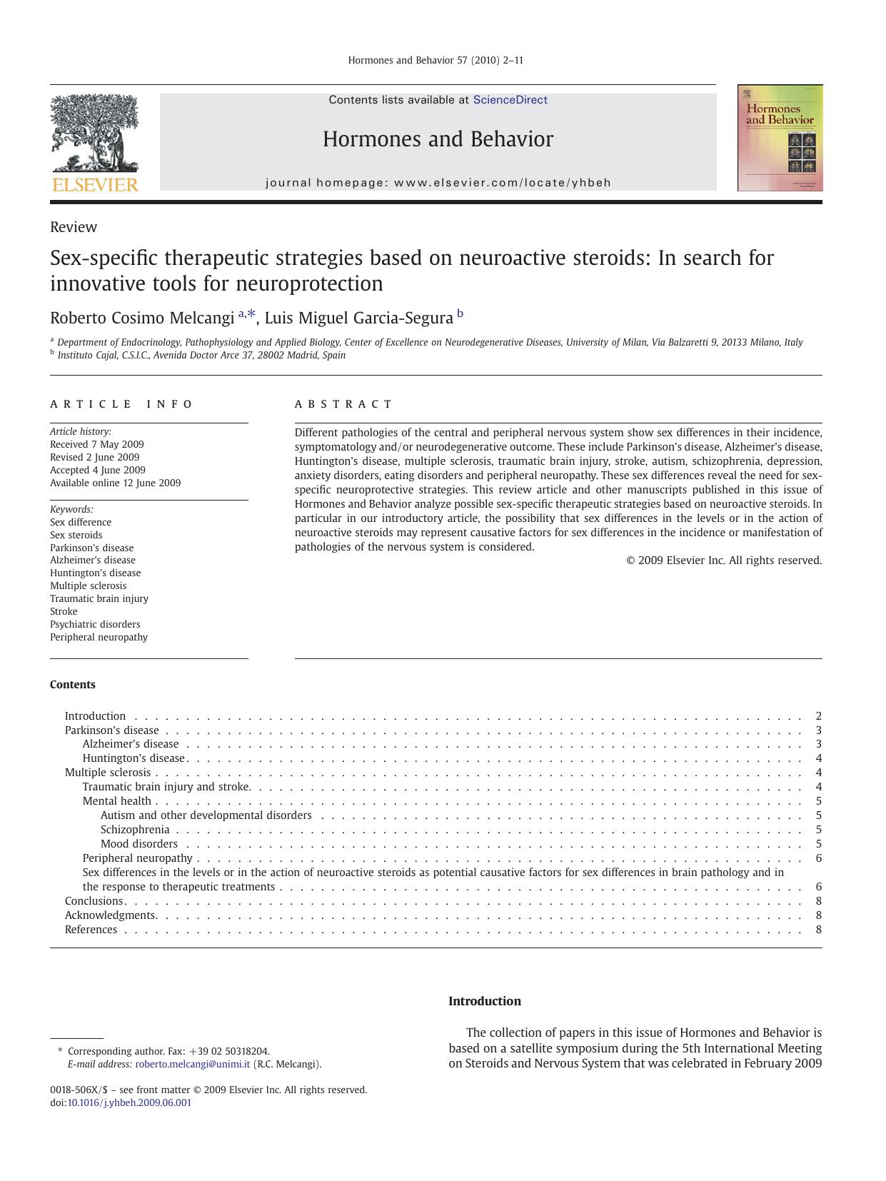 Sex-specific therapeutic strategies based on neuroactive steroids: In search for innovative tools for neuroprotection by Roberto Cosimo Melcangi; Luis Miguel Garcia-Segura