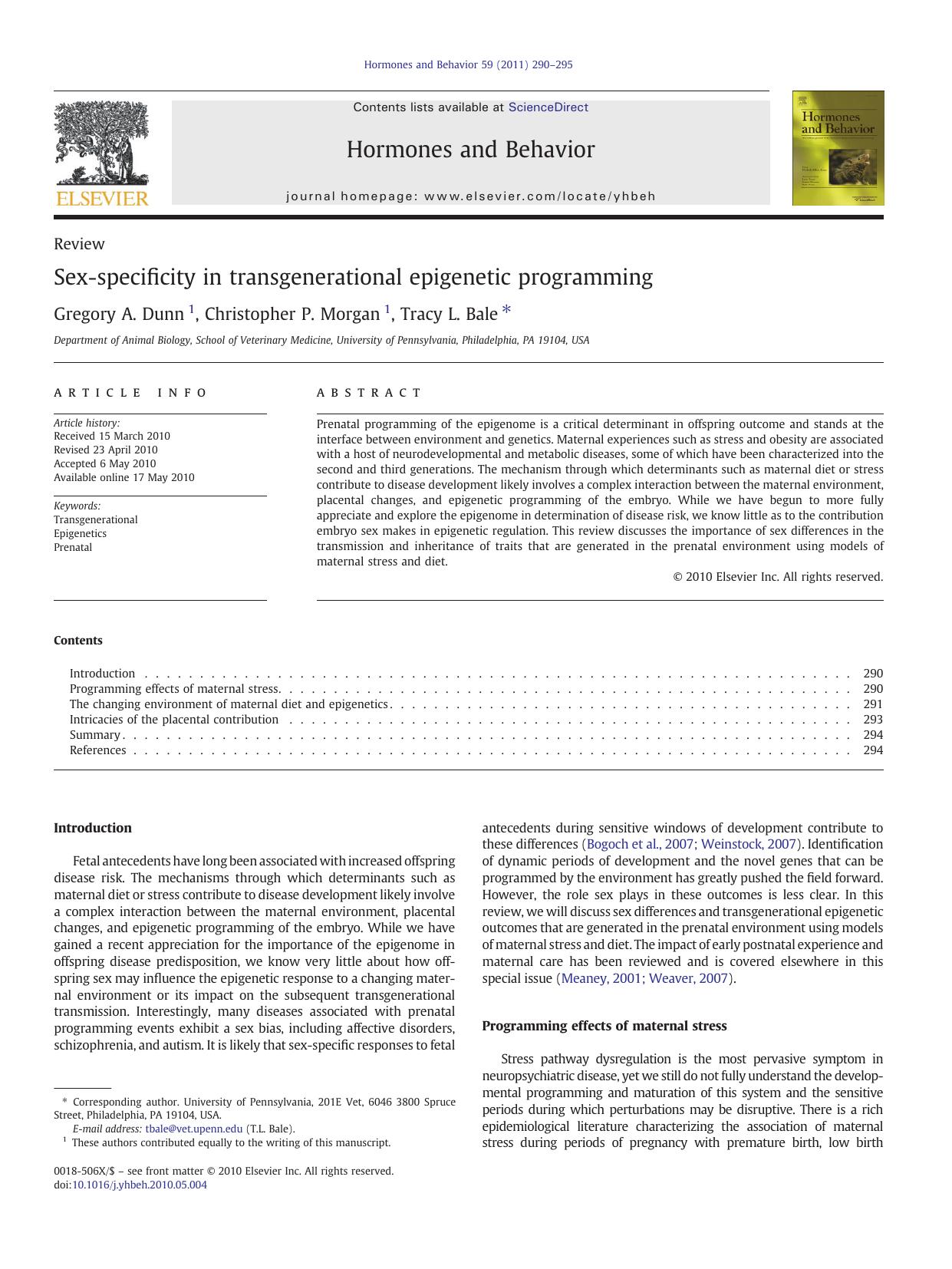 Sex-specificity in transgenerational epigenetic programming by Gregory A. Dunn & Christopher P. Morgan & Tracy L. Bale