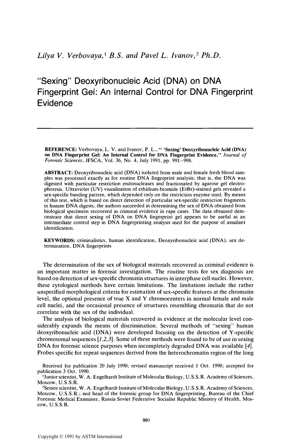 Sexing Deoxyribonucleic Acid (DNA) on DNA Fingerprint Gel: An Internal Control for DNA Fingerprint Evidence by Verbovaya LV Ivanov PL